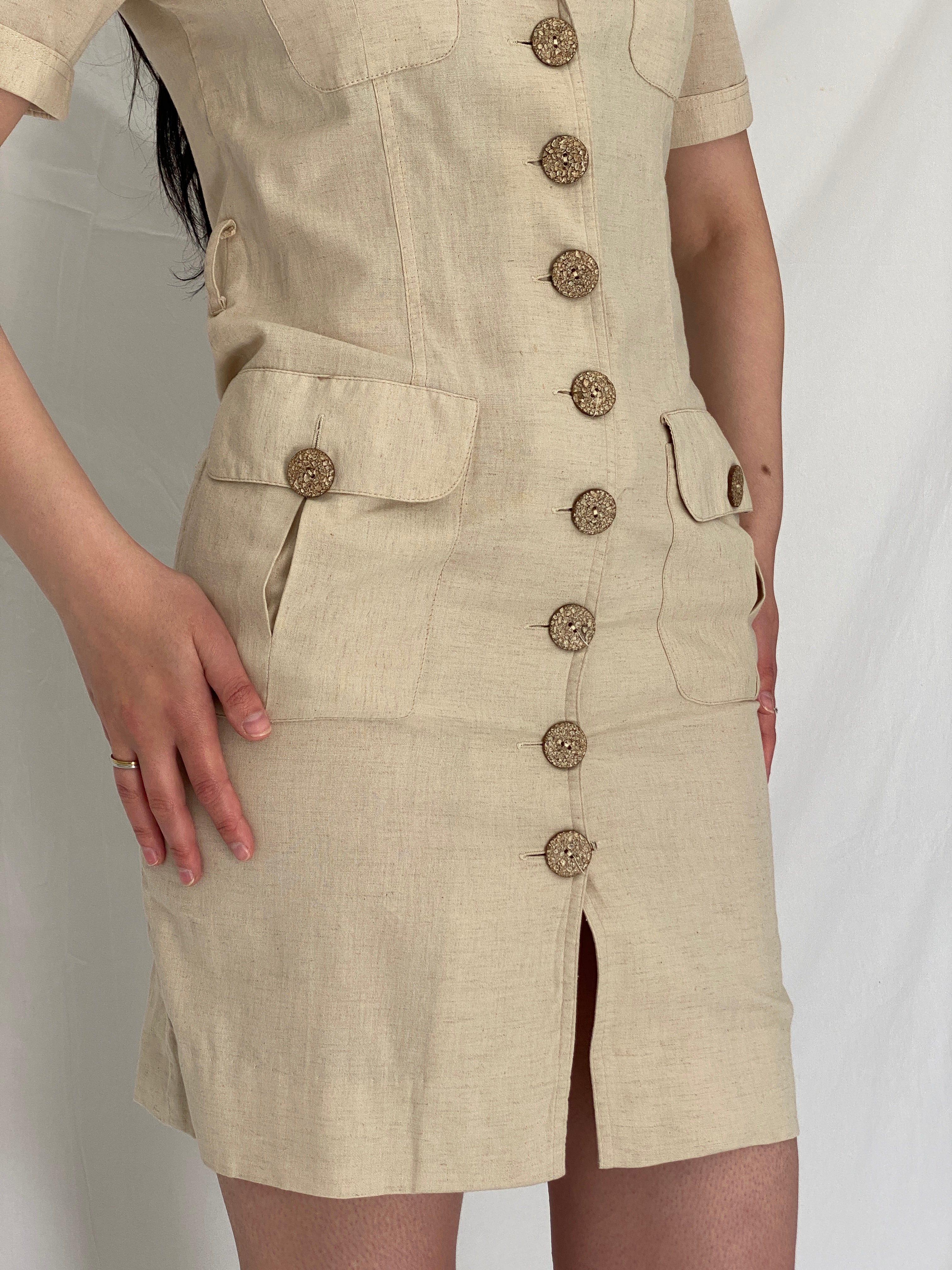 Vintage SISAN Couture Beige Safari-Style Linen Blend Belted Dress