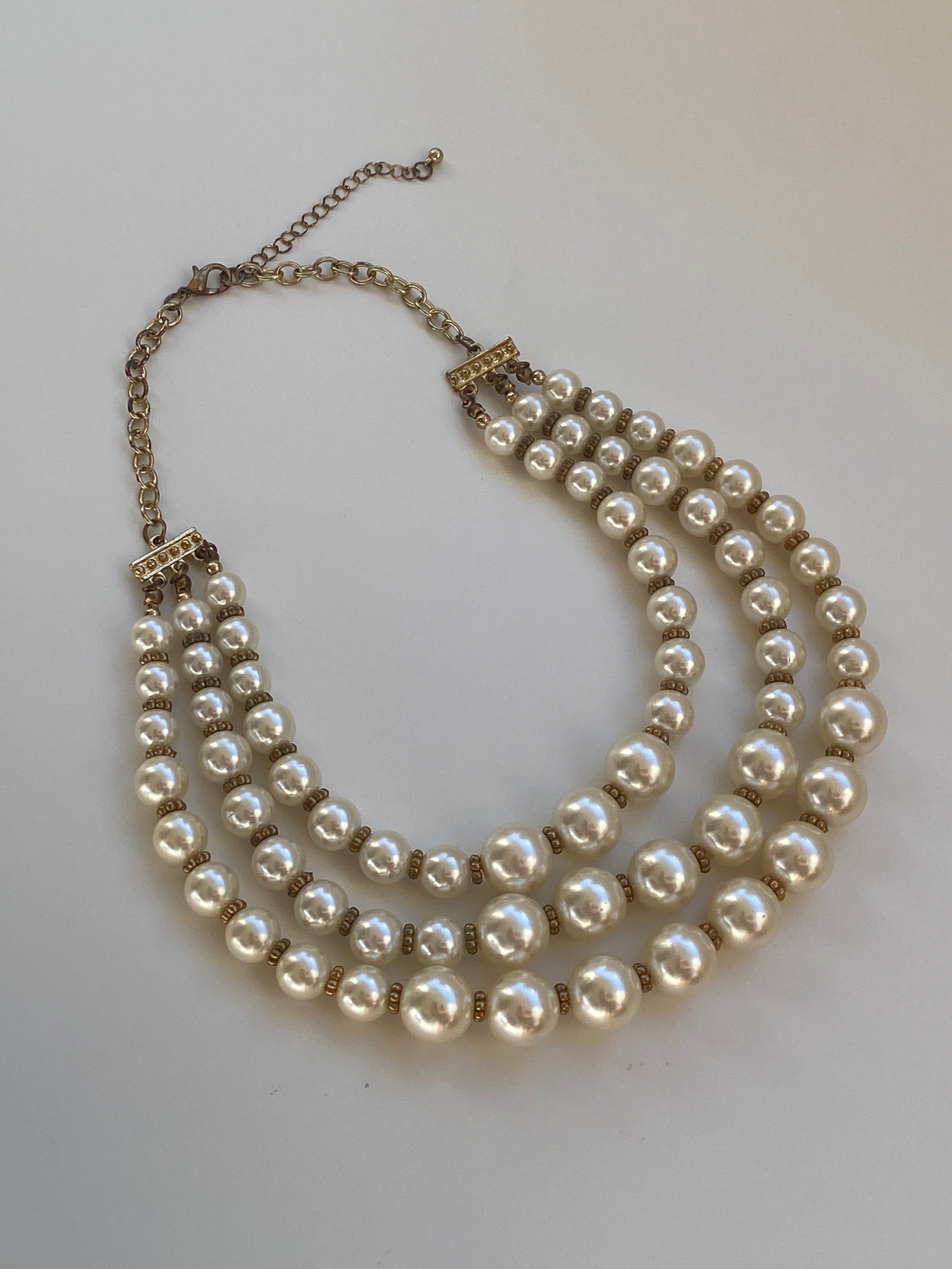 Vintage Y2K Ivory Faux Pearl Gold-Tone Triple Strand Necklace