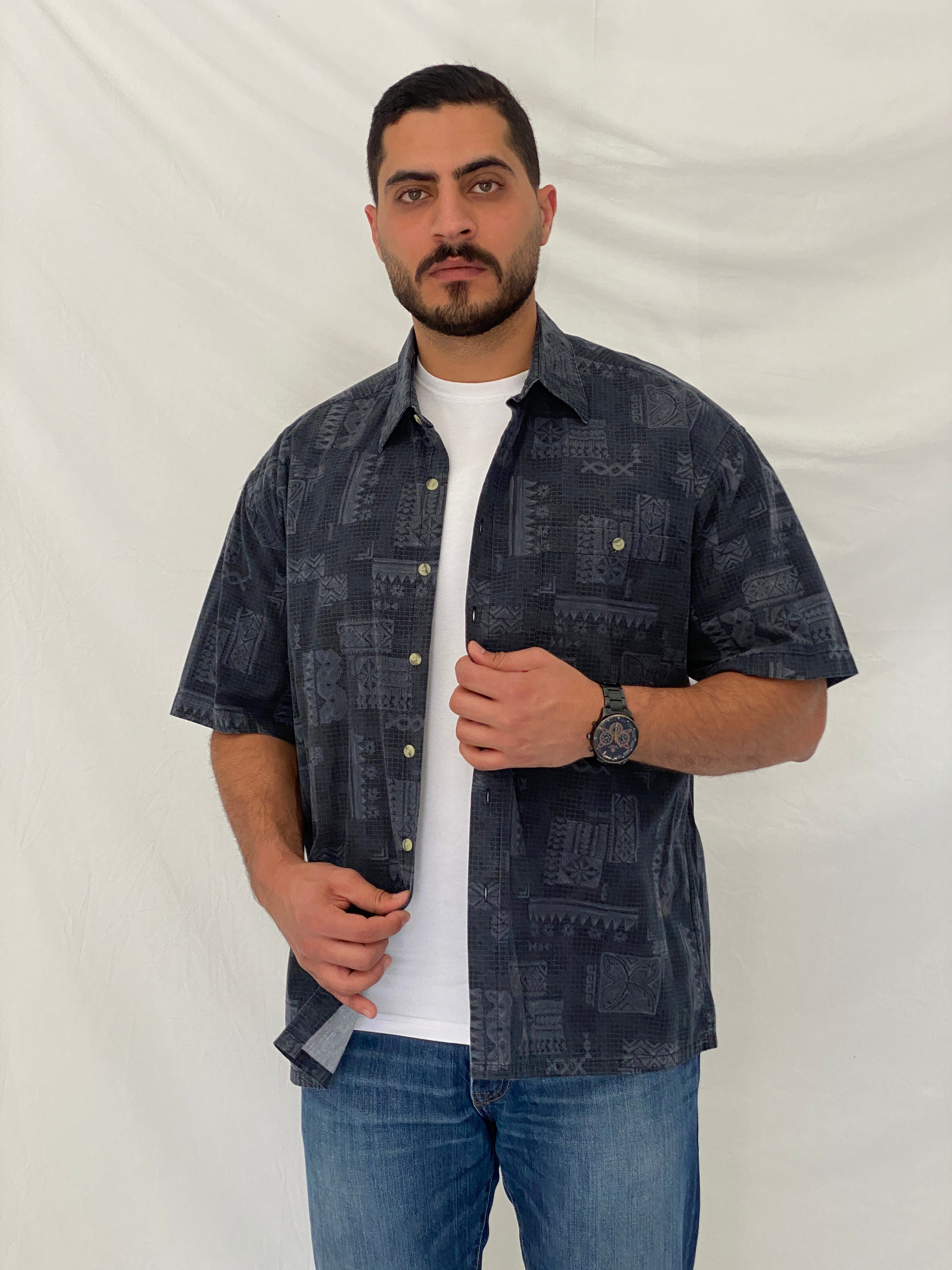Vintage Batik Bay Navy Tribal Print Cotton Hawaiian Shirt – XL