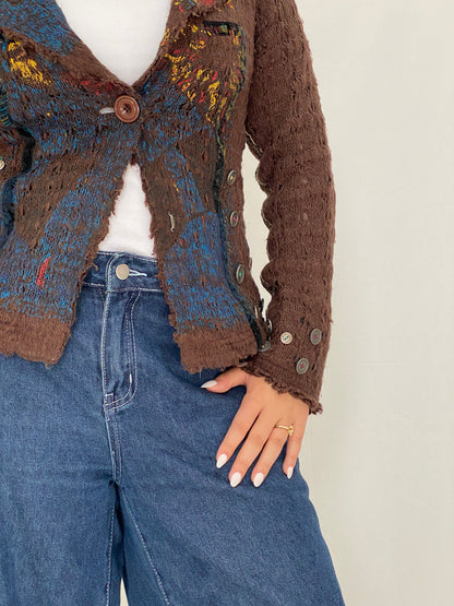 Vintage Soggo Brown Boho Knit Button-Up Cardigan Jacket – M