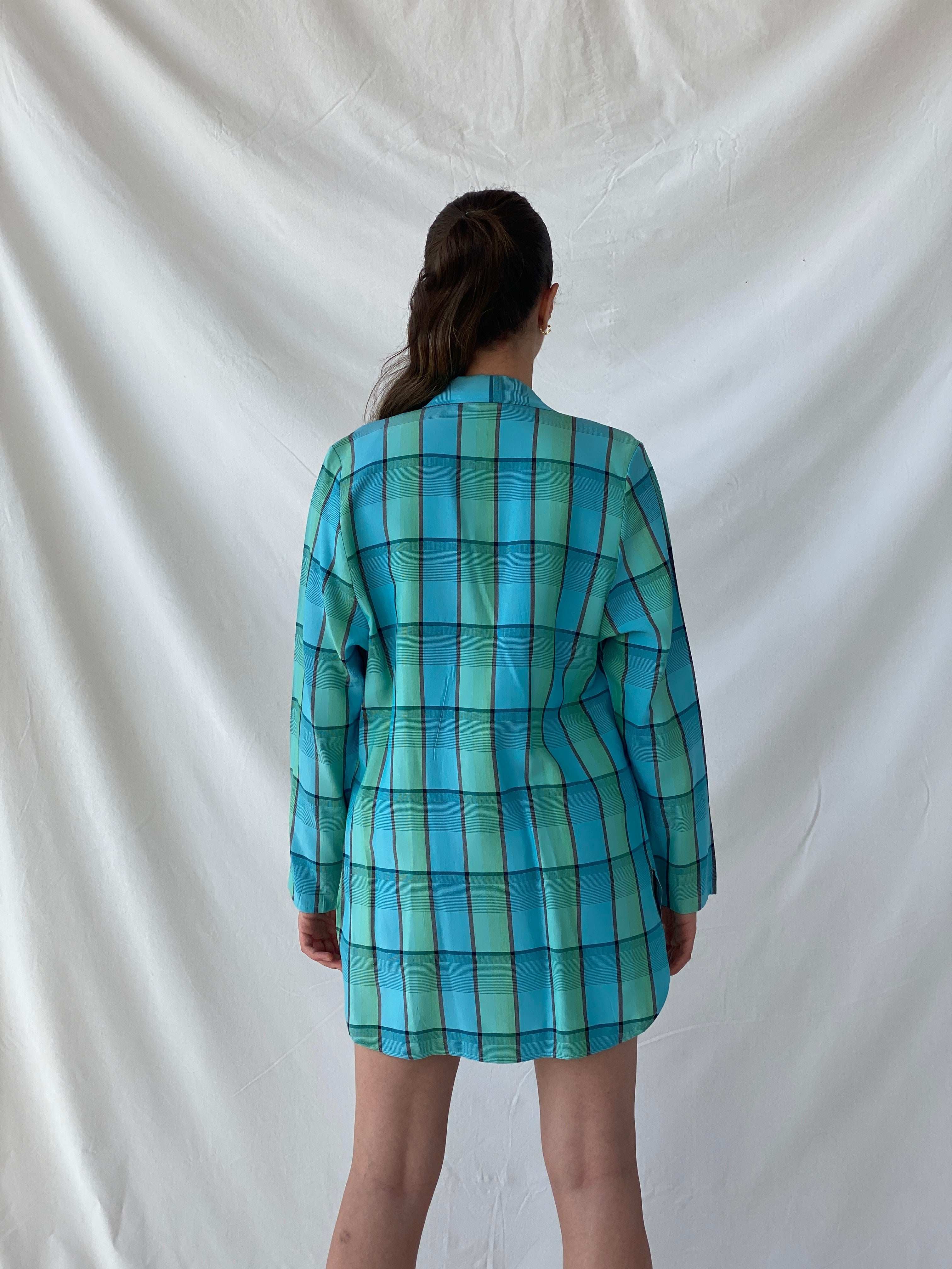 Vintage 80s/90s Instant Shop Green & Blue Plaid Oversized Blazer - L