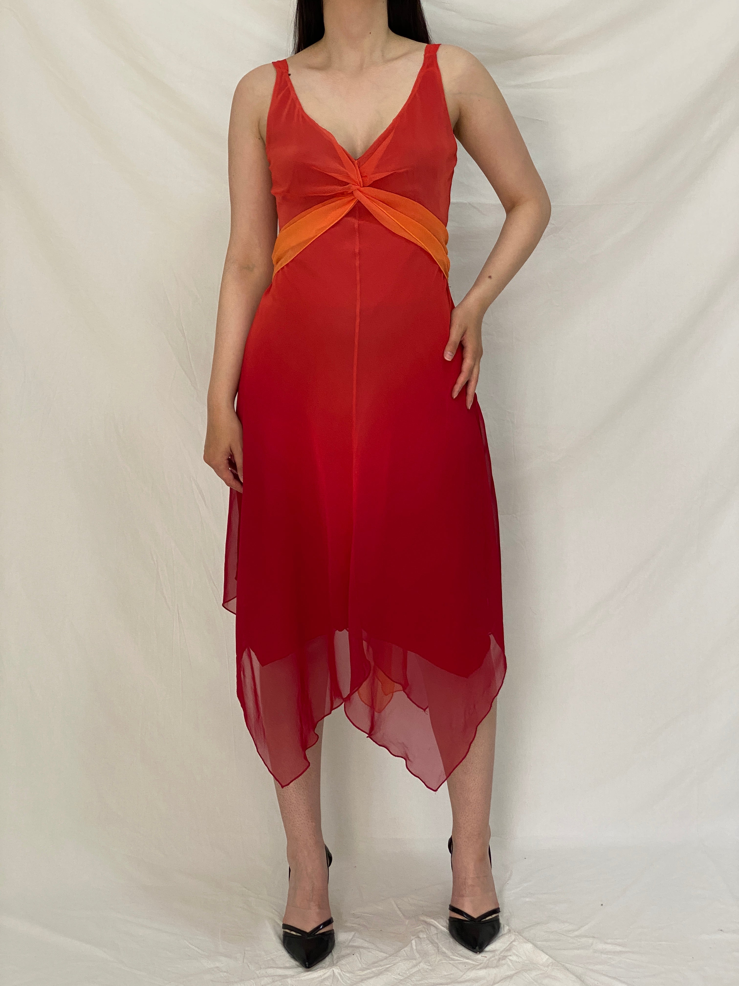 Vintage 90s BAY Red Orange Ombre Chiffon Midi Wedding Guest Dress – M