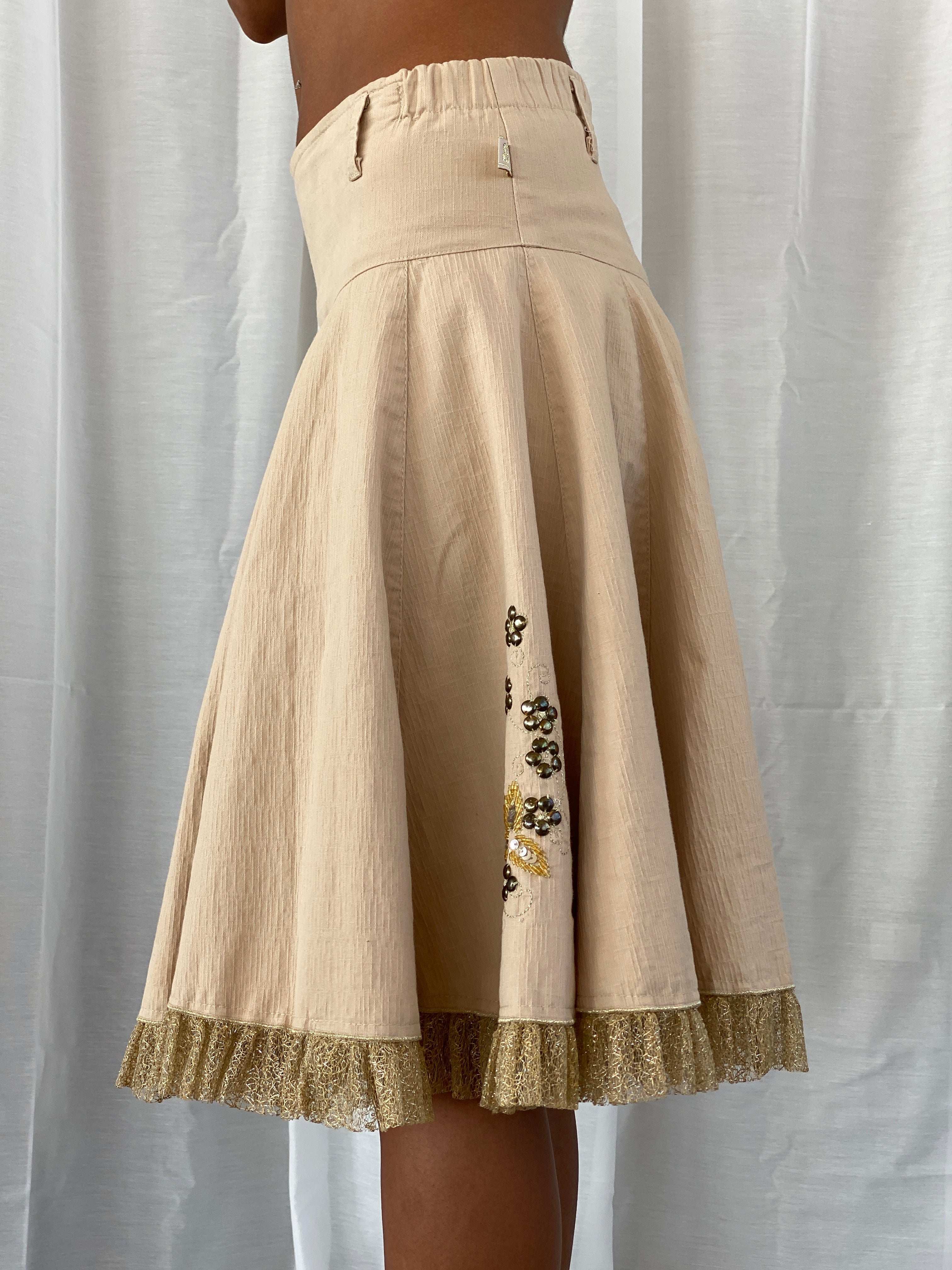 Vintage Y2K KS Embroidered Beige Midi Tulle Hem Skirt - XS