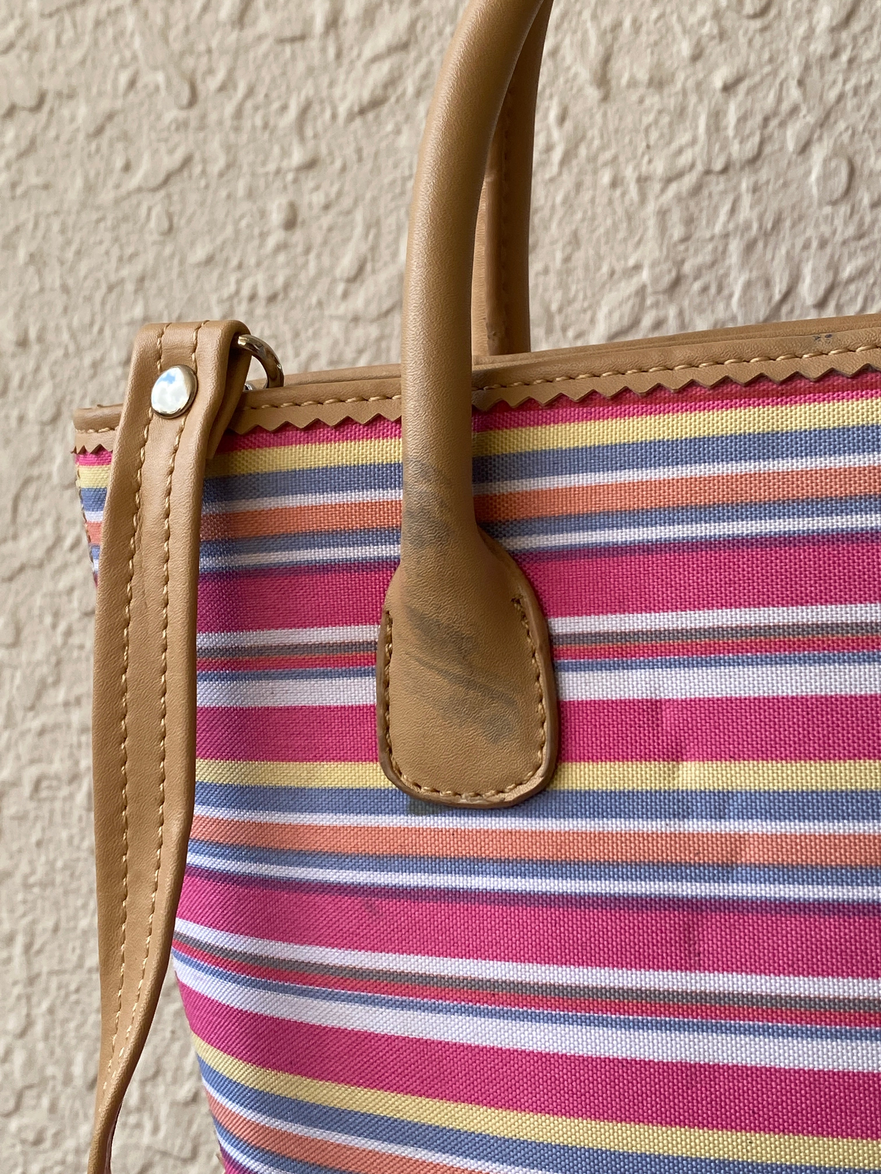 Kate Spade New York Pink Striped Canvas & Leather Summer Tote Bag