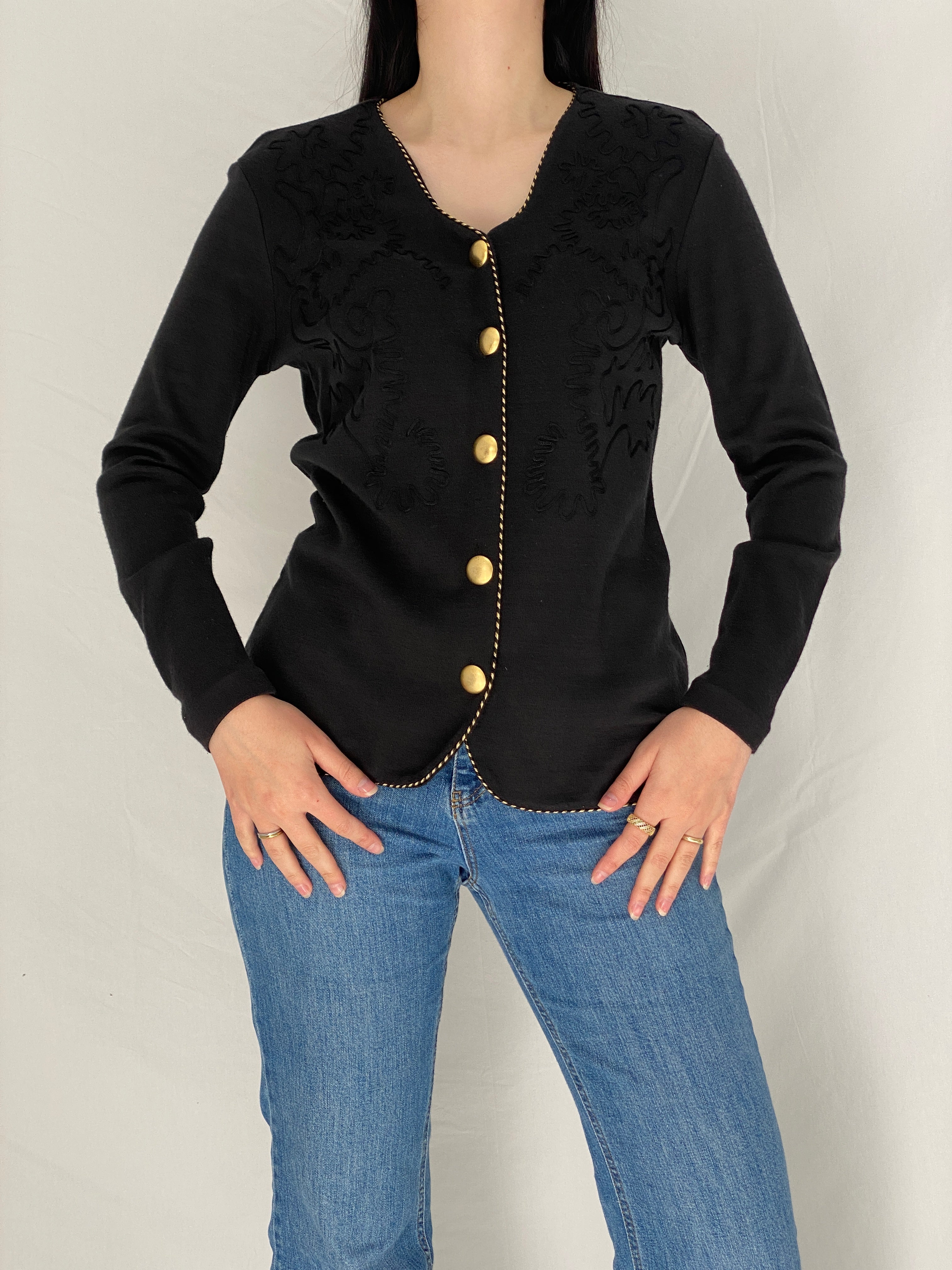 Vintage Liz Claiborne Embroidered Gold Button Black Cardigan - M