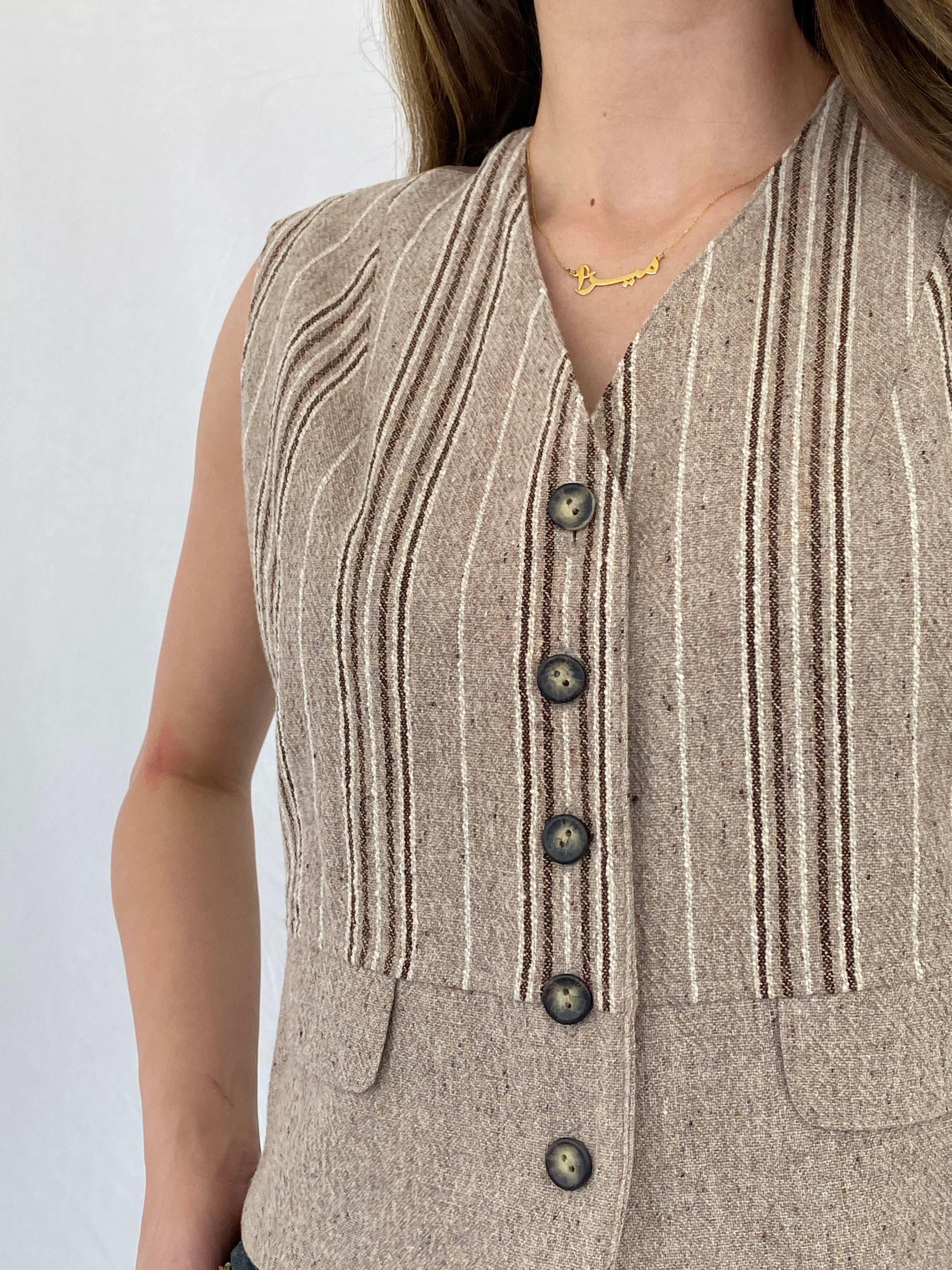 Vintage Magic Simplicity Beige and Brown Striped Waistcoat Vest - M/L - Balagan Vintage Vest 00s, 90s, cropped vest, Mira, NEW IN, shimmer, vest, wool vest