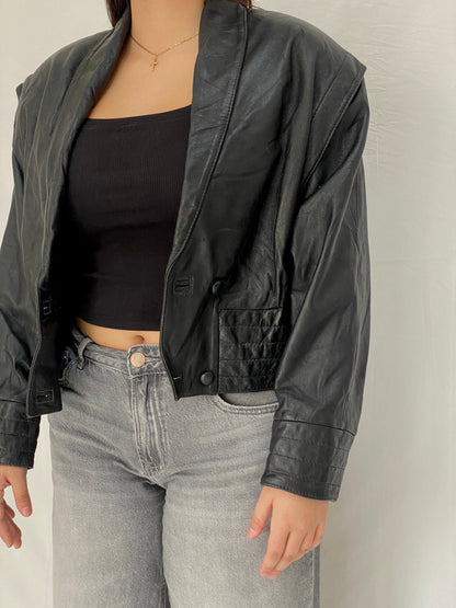 Vintage 80s Greek Kelesidi Leather Bomber Jacket Black Power Shoulder Blazer - M