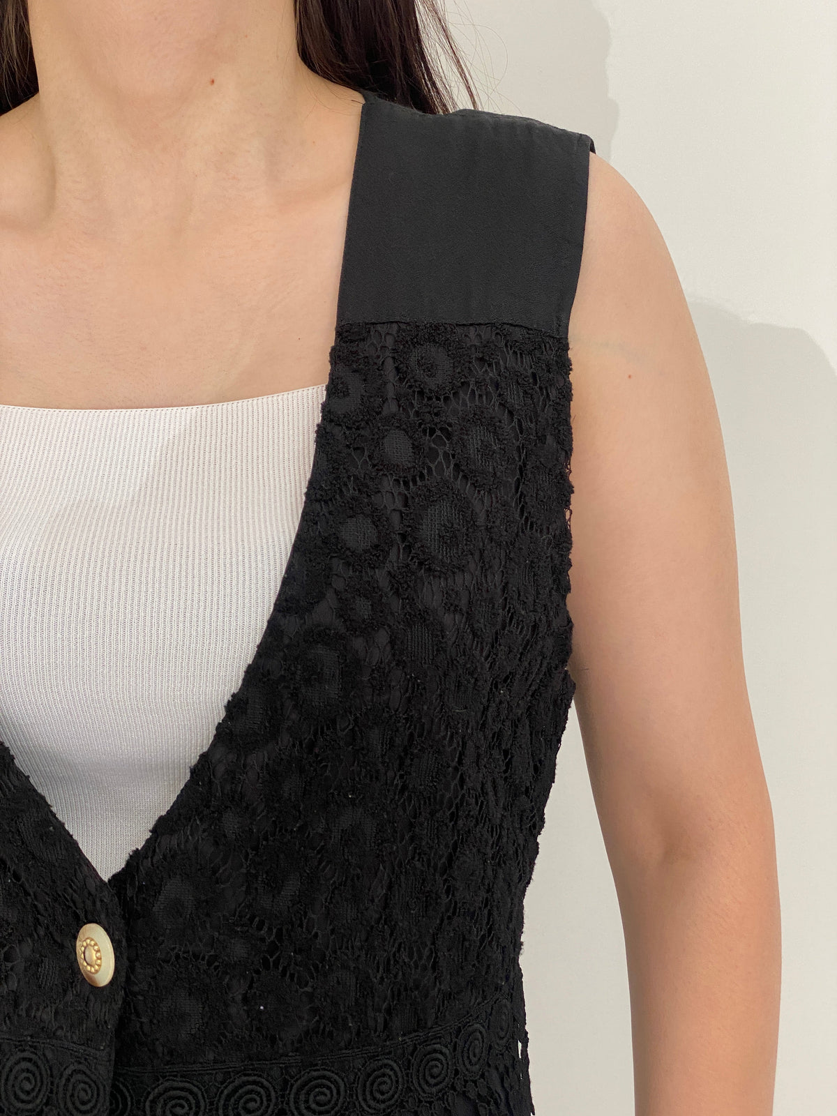 Vintage 90s Black Lace Romantic Tailored Waistcoat Vest - M