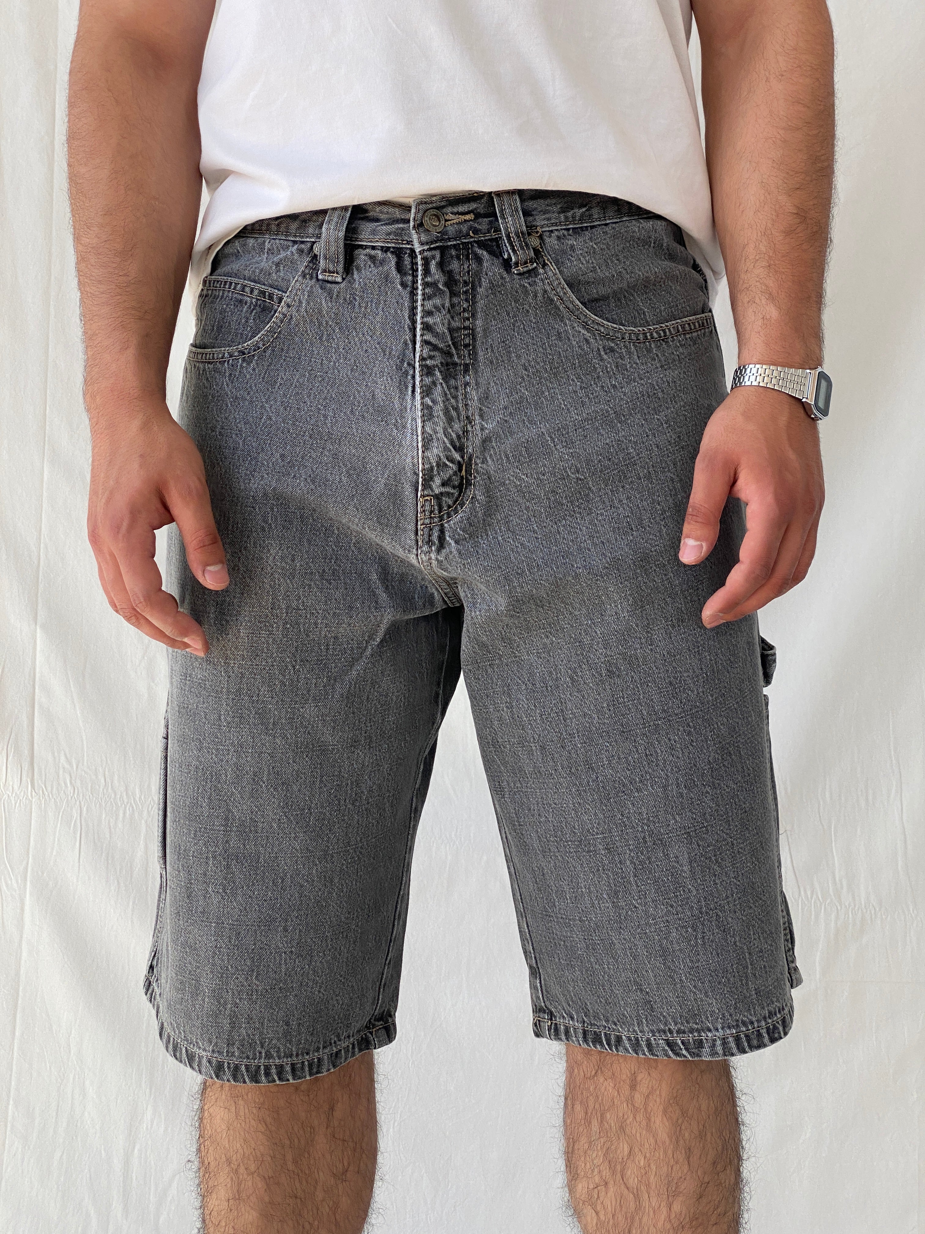 Y2K ROCAWEAR Washed Black Denim Shorts Streetwear Utility Gray Hip Hop Jorts