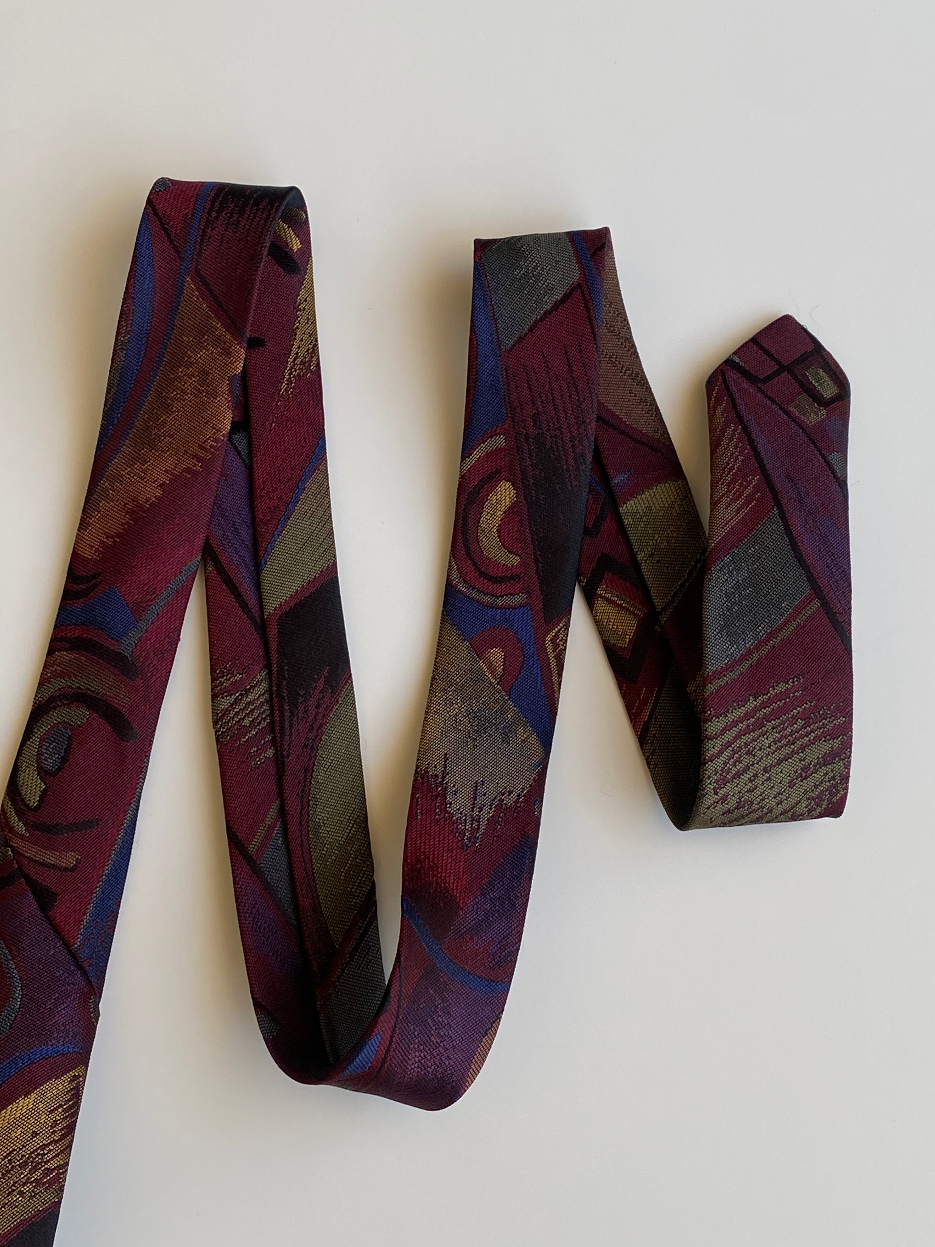 Vintage 1990s Burgundy Purple Abstract Geometric Wide Necktie