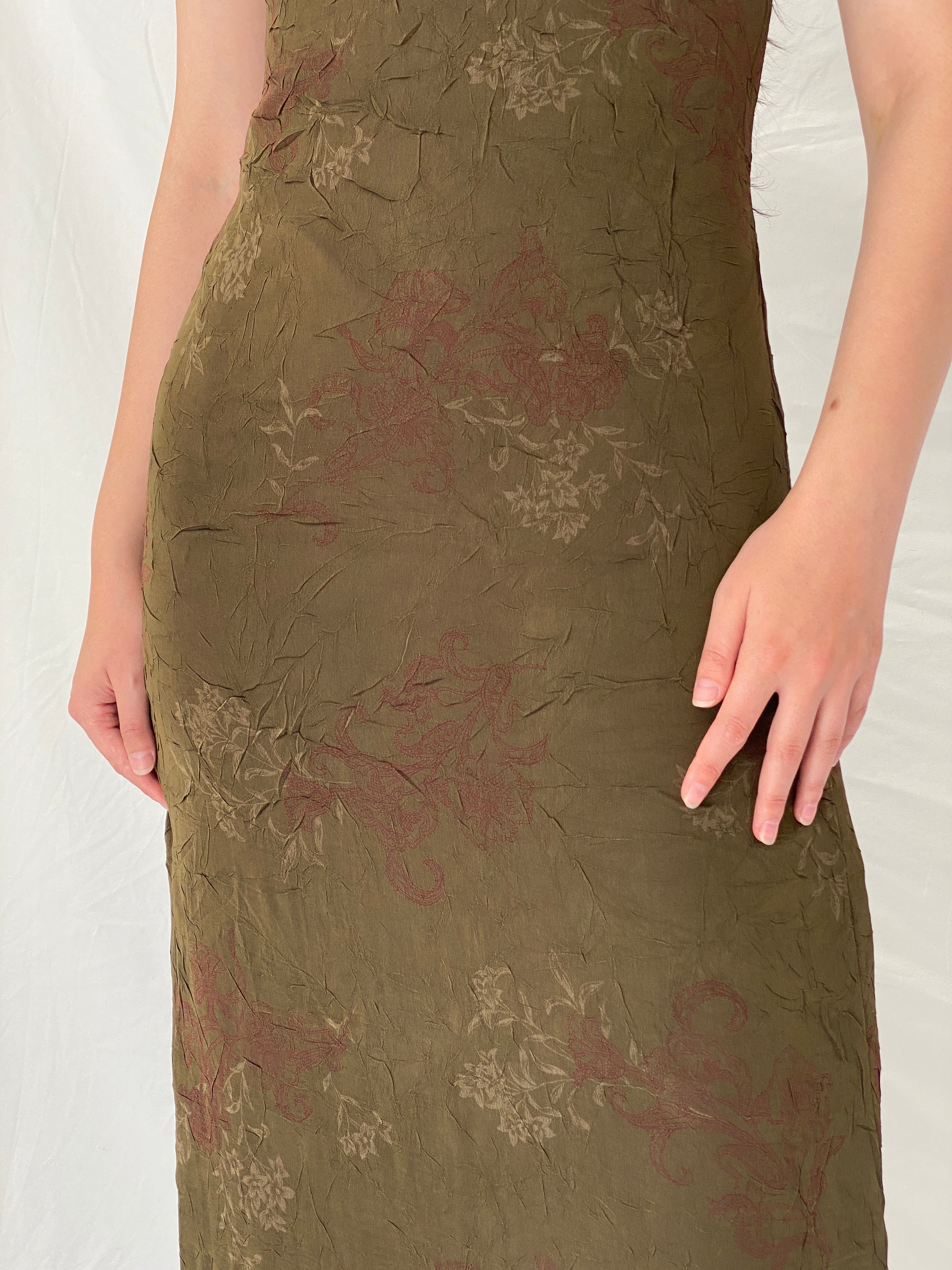 Vintage Y2K Jones Wear Olive Floral Crinkle Maxi Dress - S