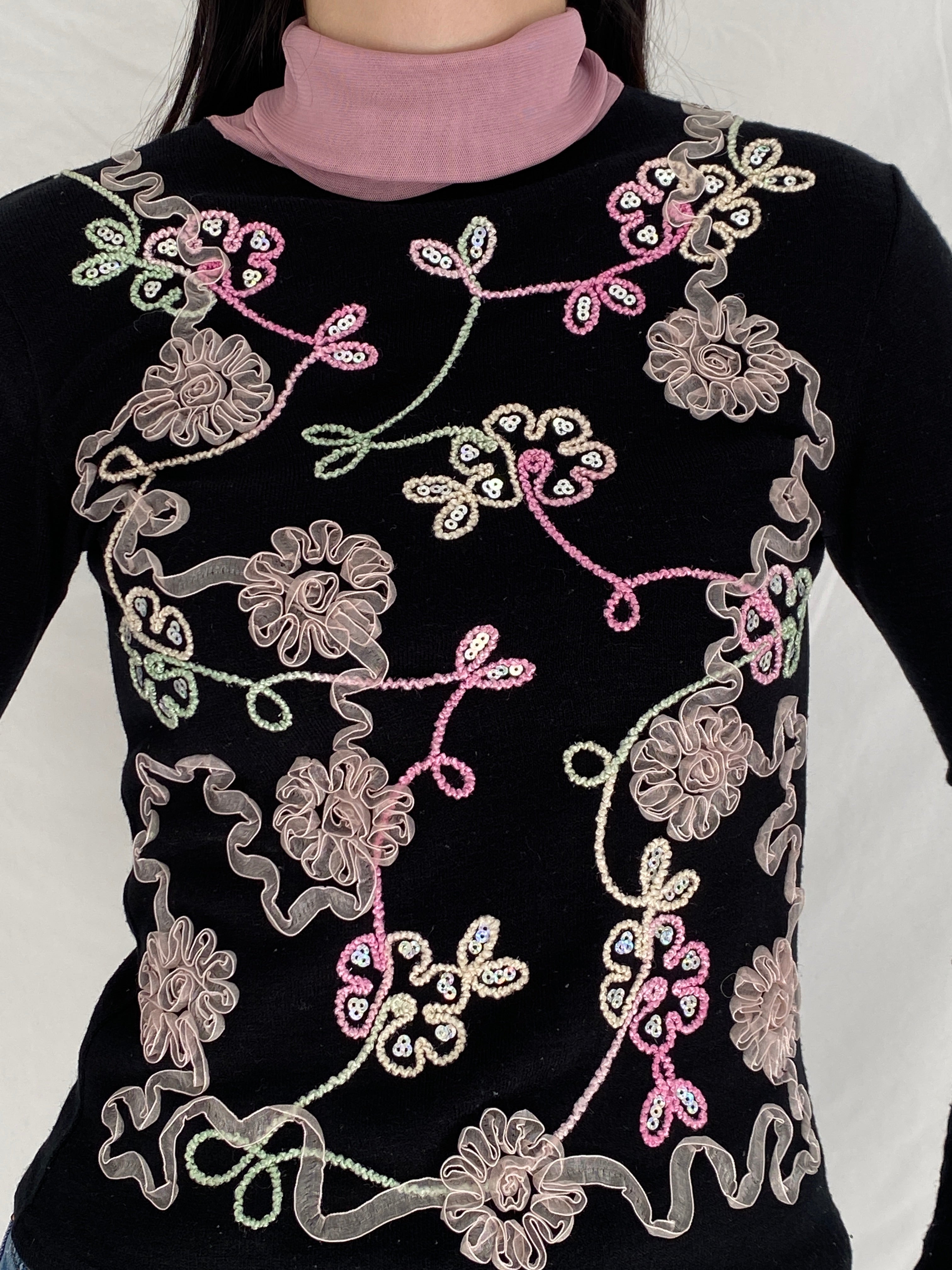 Vintage Black Floral Embroidered Pink 90s High Neck Top - S
