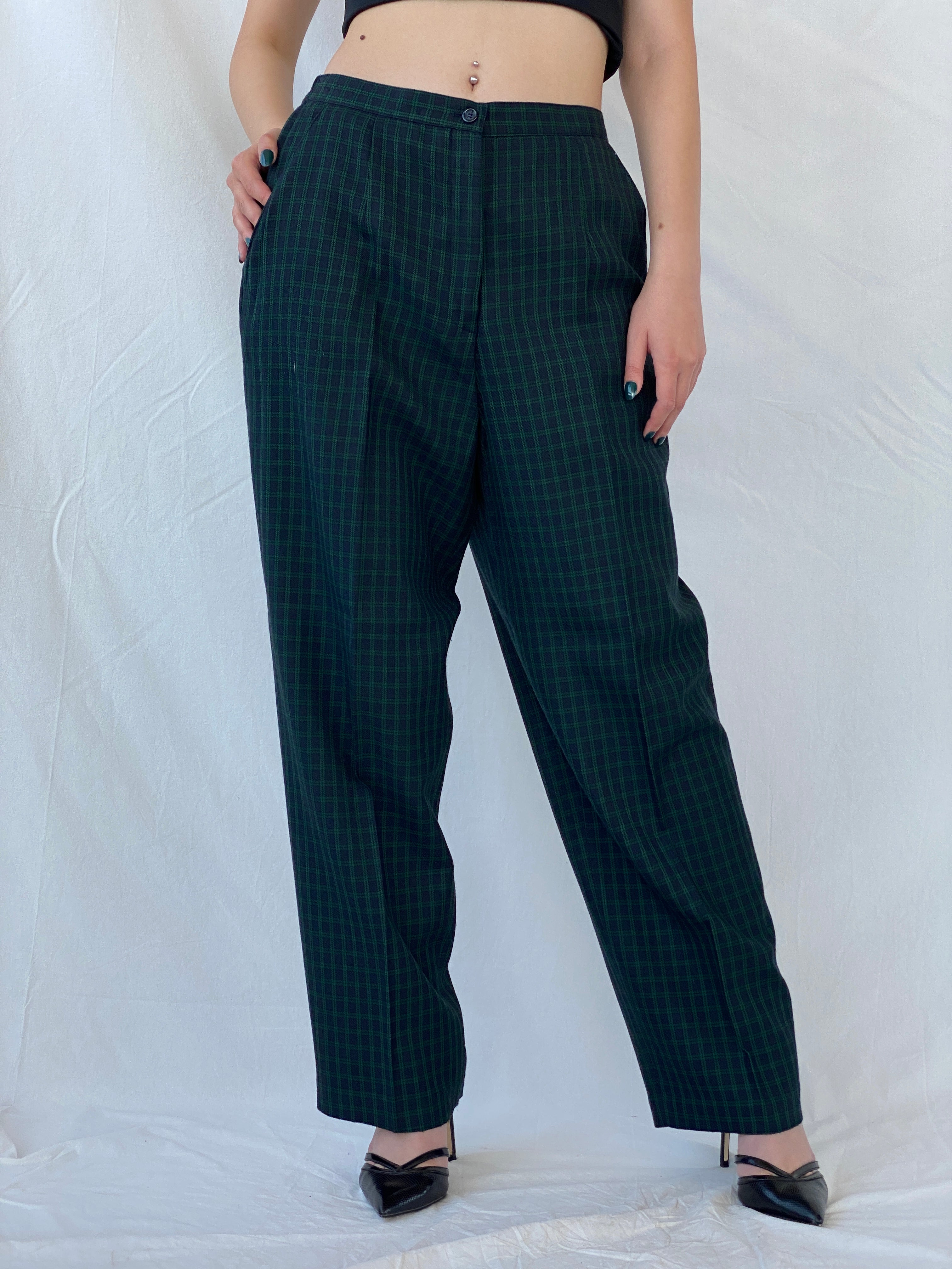 Vintage LESLIE FAY Sportswear Black and Green Plaid Blazer Pants Power Suit Set - XL