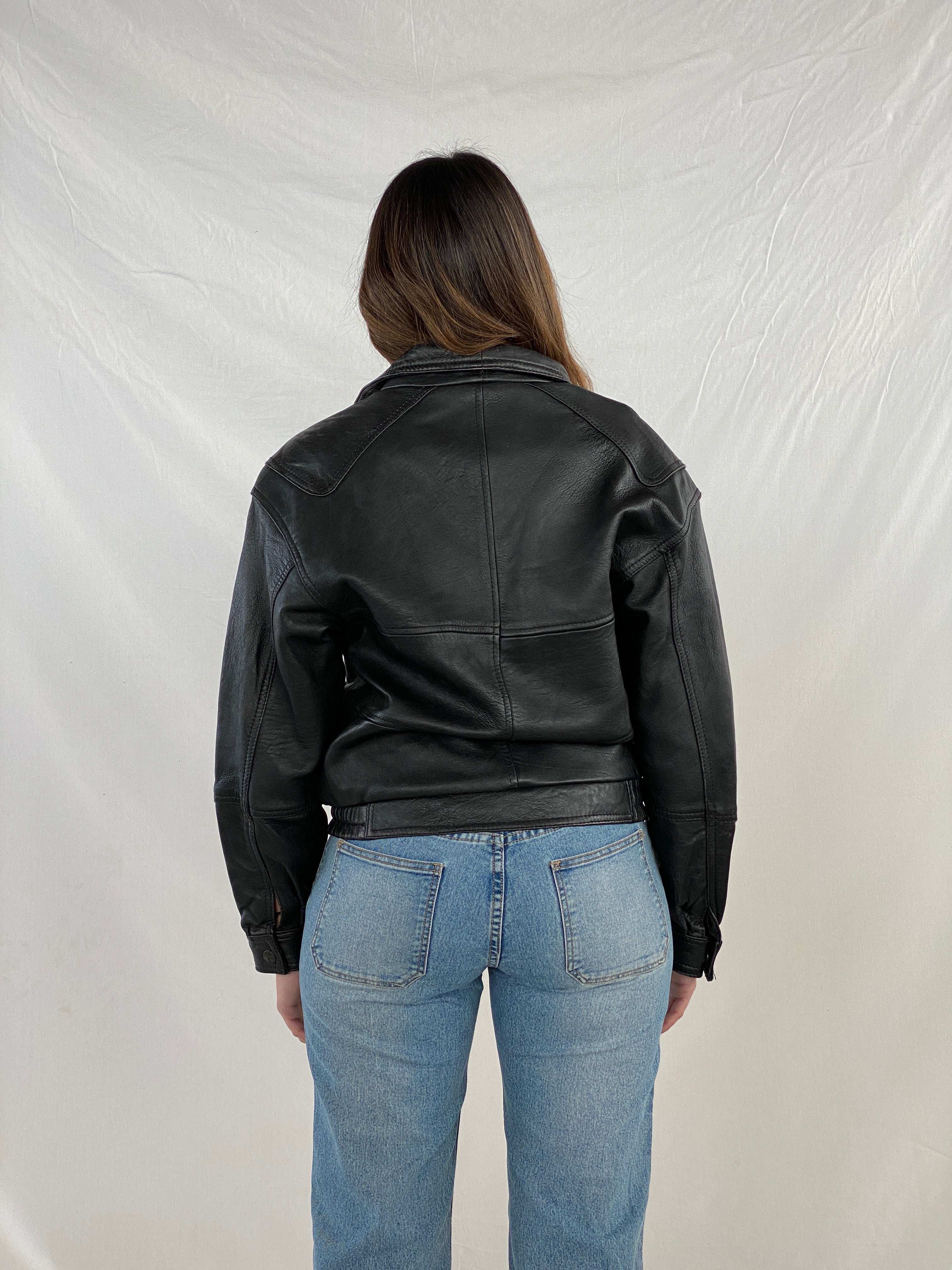 Vintage 90s Genuine Leather Heavy Bomber Jacket - Balagan Vintage Leather Jacket 00s, black leather, genuine leather, genuine leather jacket, Juana, leather jacket, NEW IN