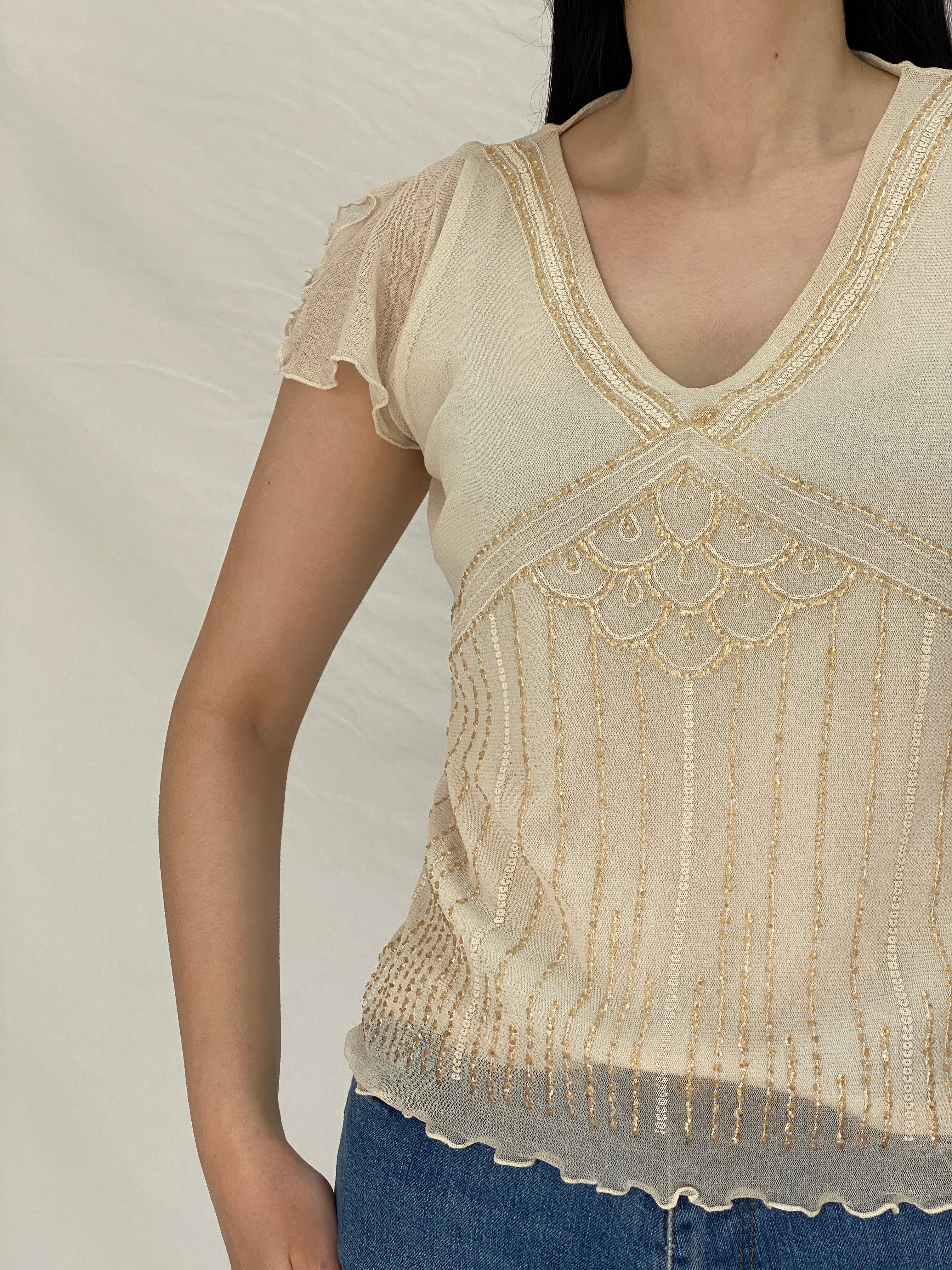 Vintage Y2K BHS Cream Beaded Mesh Top Sheer Sequin Embellished Blouse - L