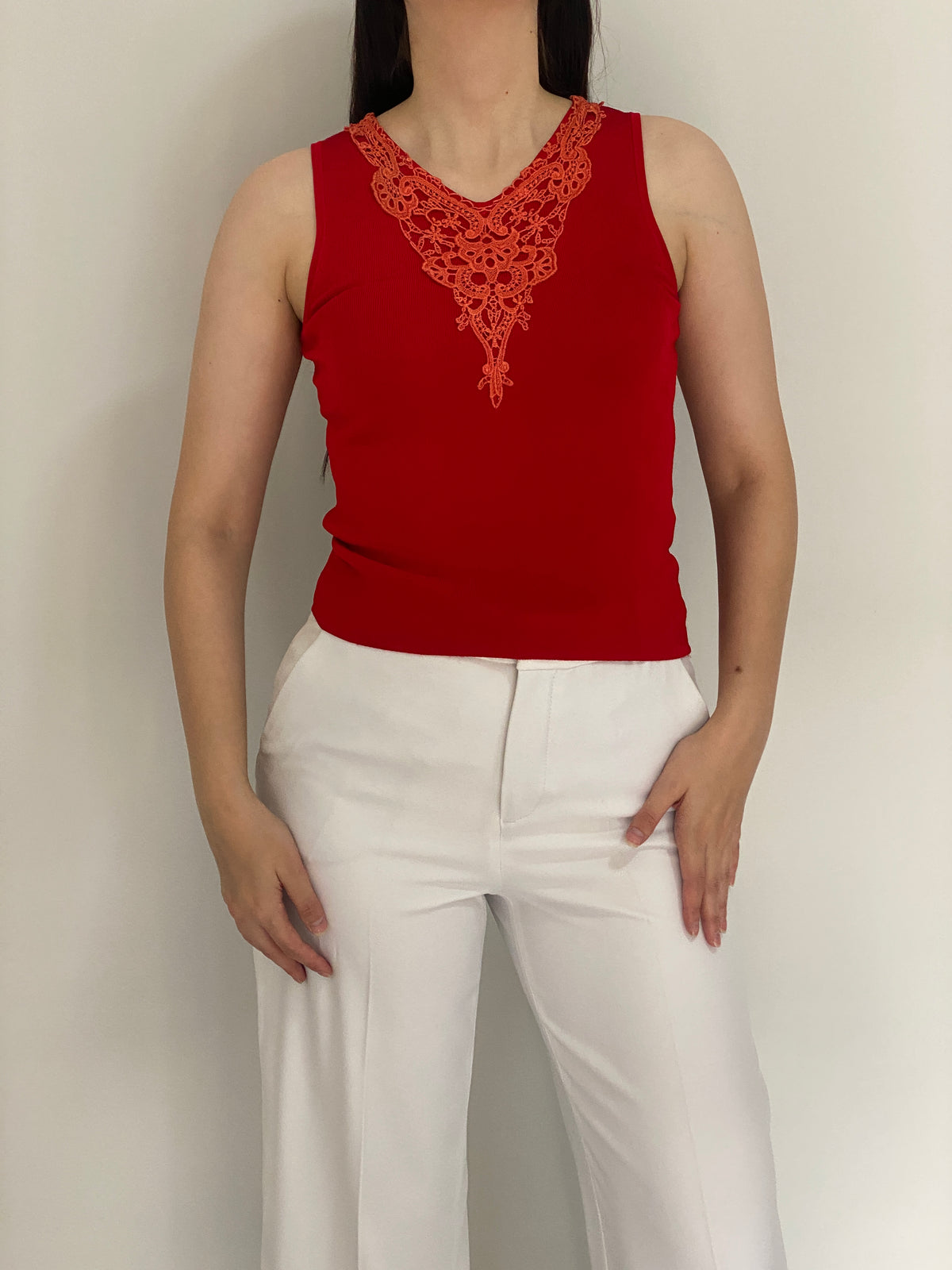 Y2K 2Xtremz Red Sleeveless Top with Orange Lace Embroidery – M