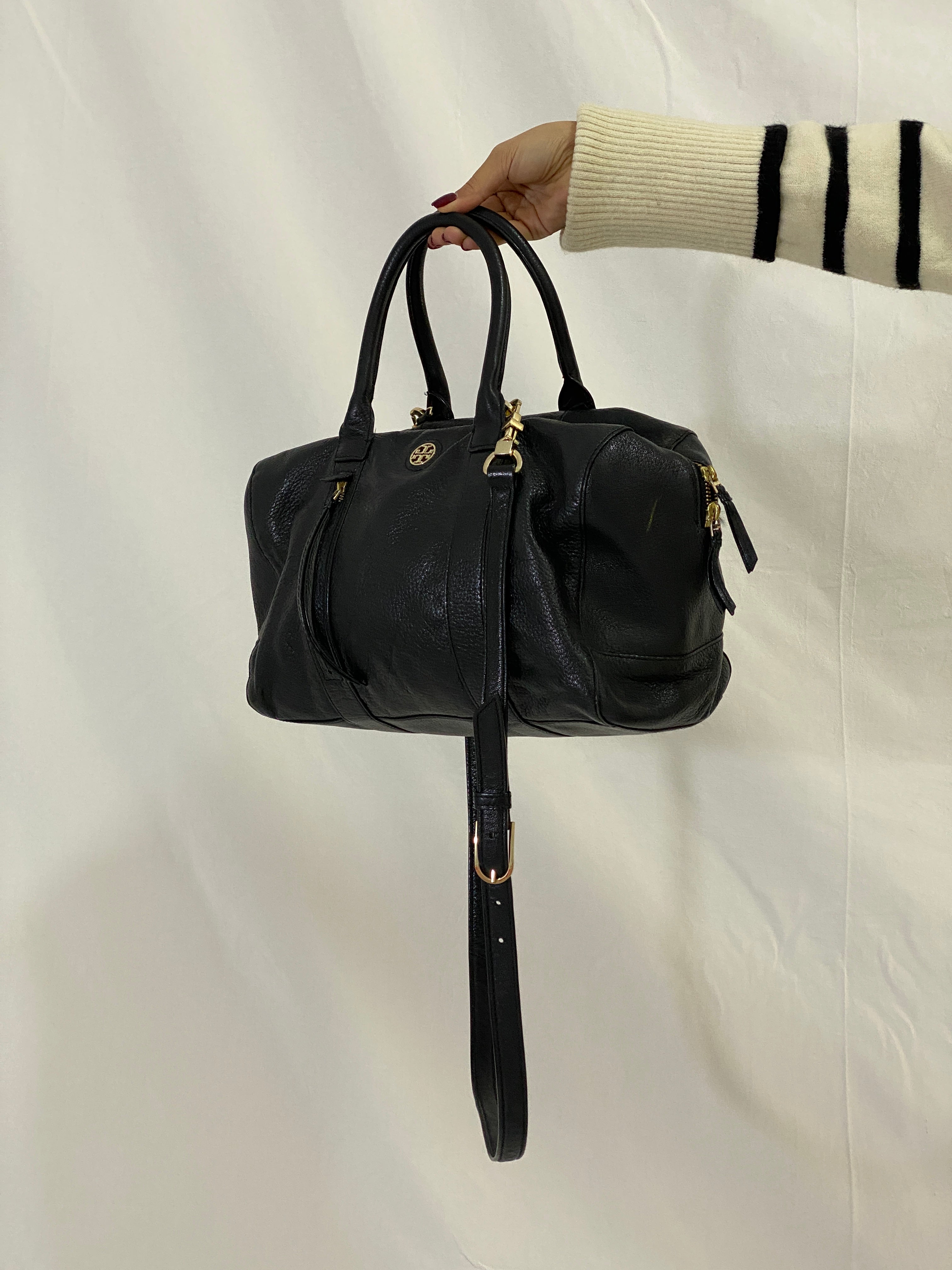 Tory Burch Marion Black Pebbled Leather Satchel Bowler Bag with Gold Hardware
