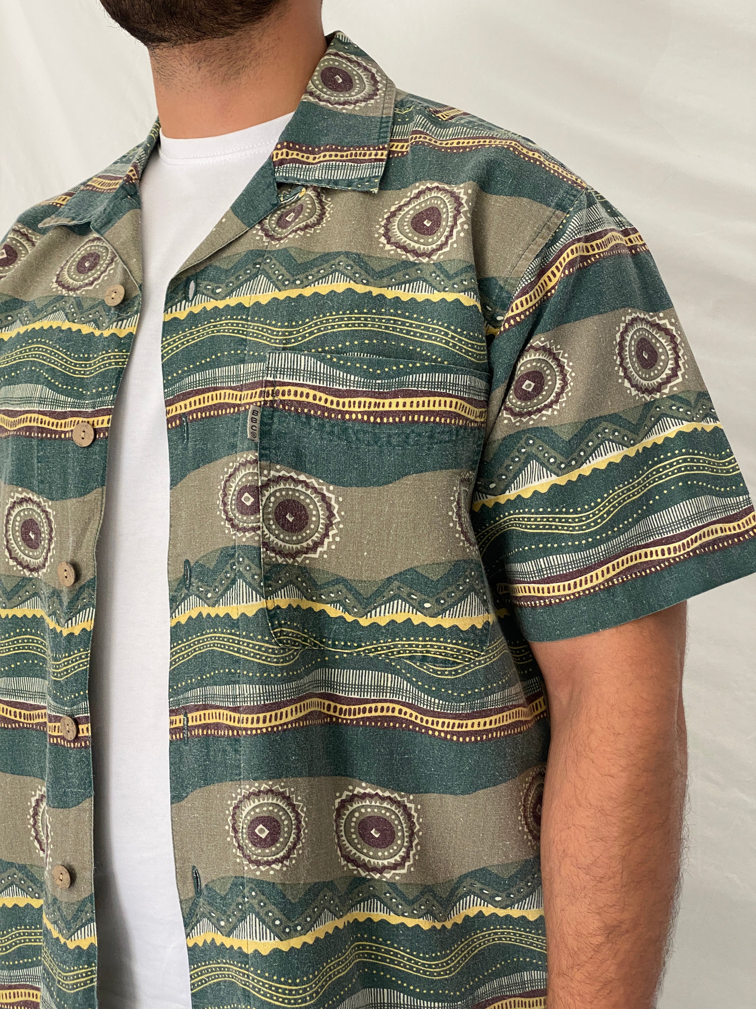 90s Bugle Boy Green Abstract Cotton Ramie Camp Shirt – M