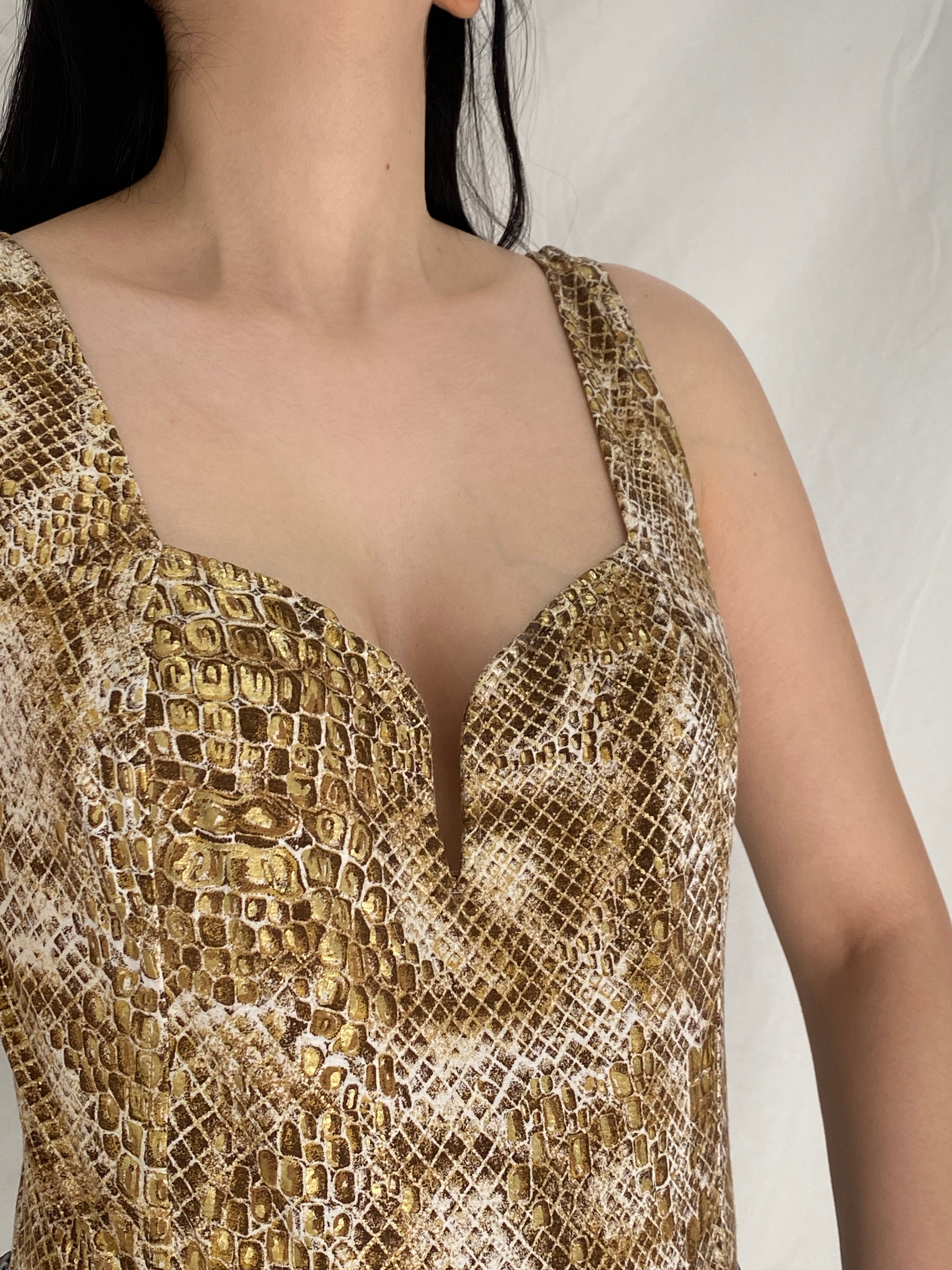 Vintage Y2K Michel Adam Gold Brown Snake Print Low Back Bodysuit - M