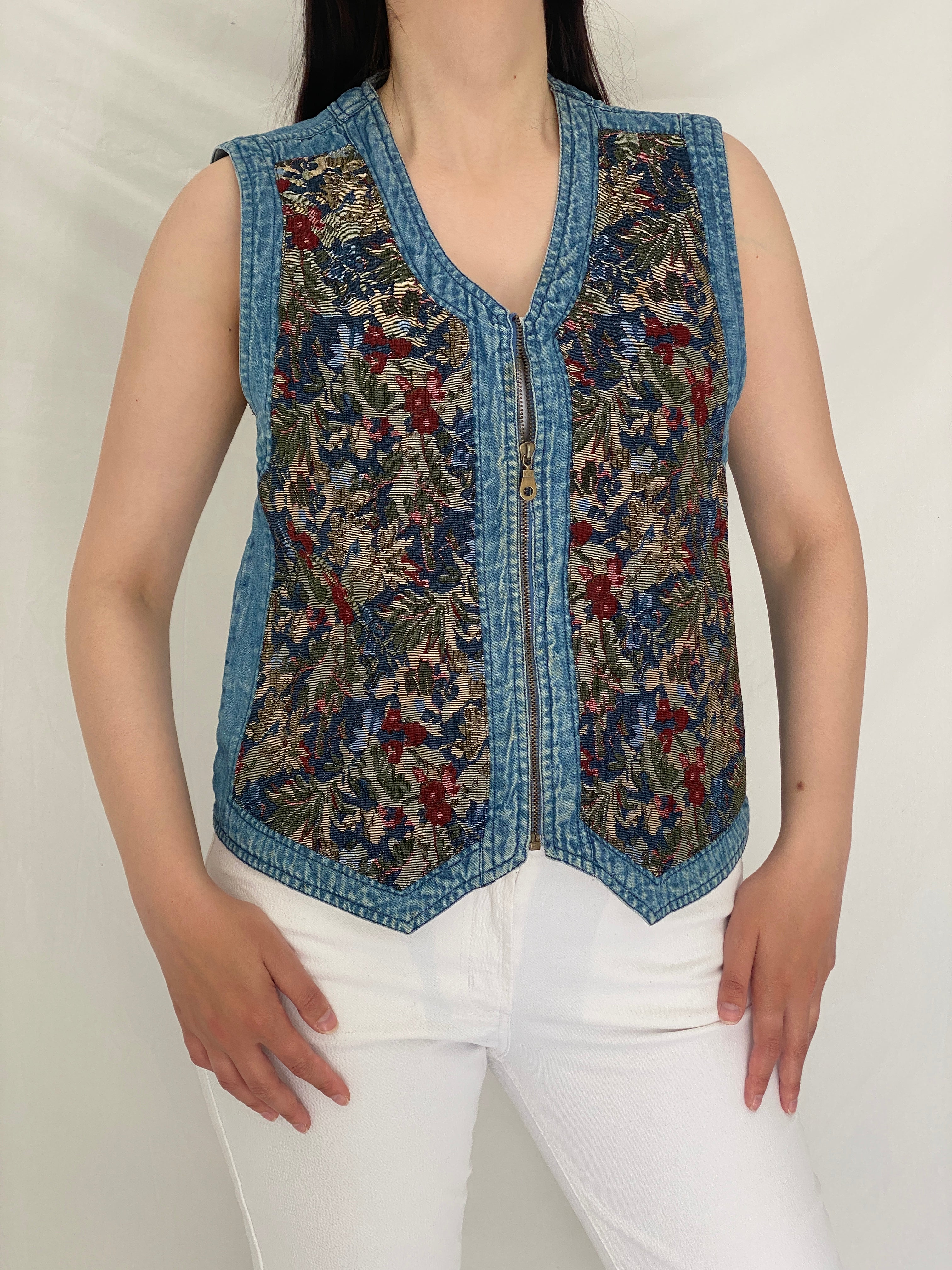 Vintage New Direction 90s Floral Tapestry Denim Vest Zip Up Waistcoat – L