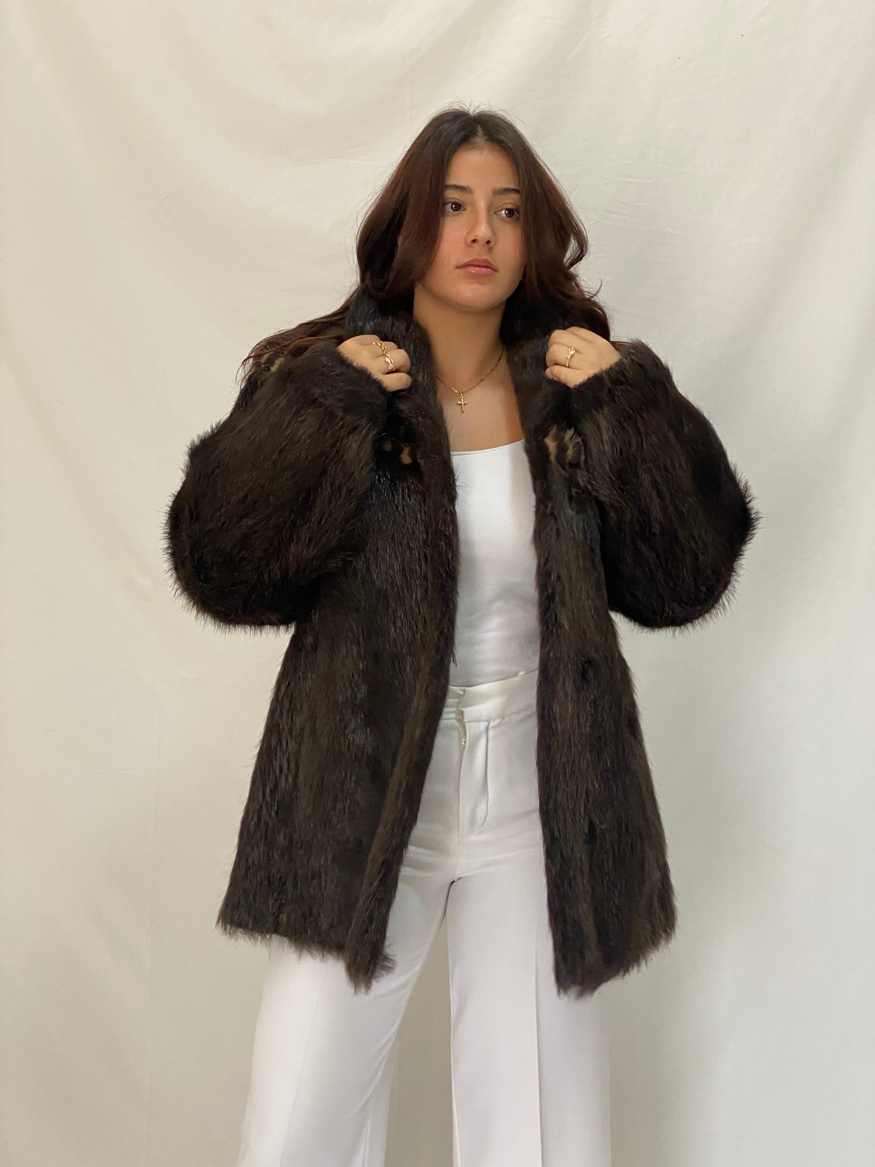 Vintage Real Raccoon Fur Coat Dark Brown Long-Hair Luxury Winter Jacket - L