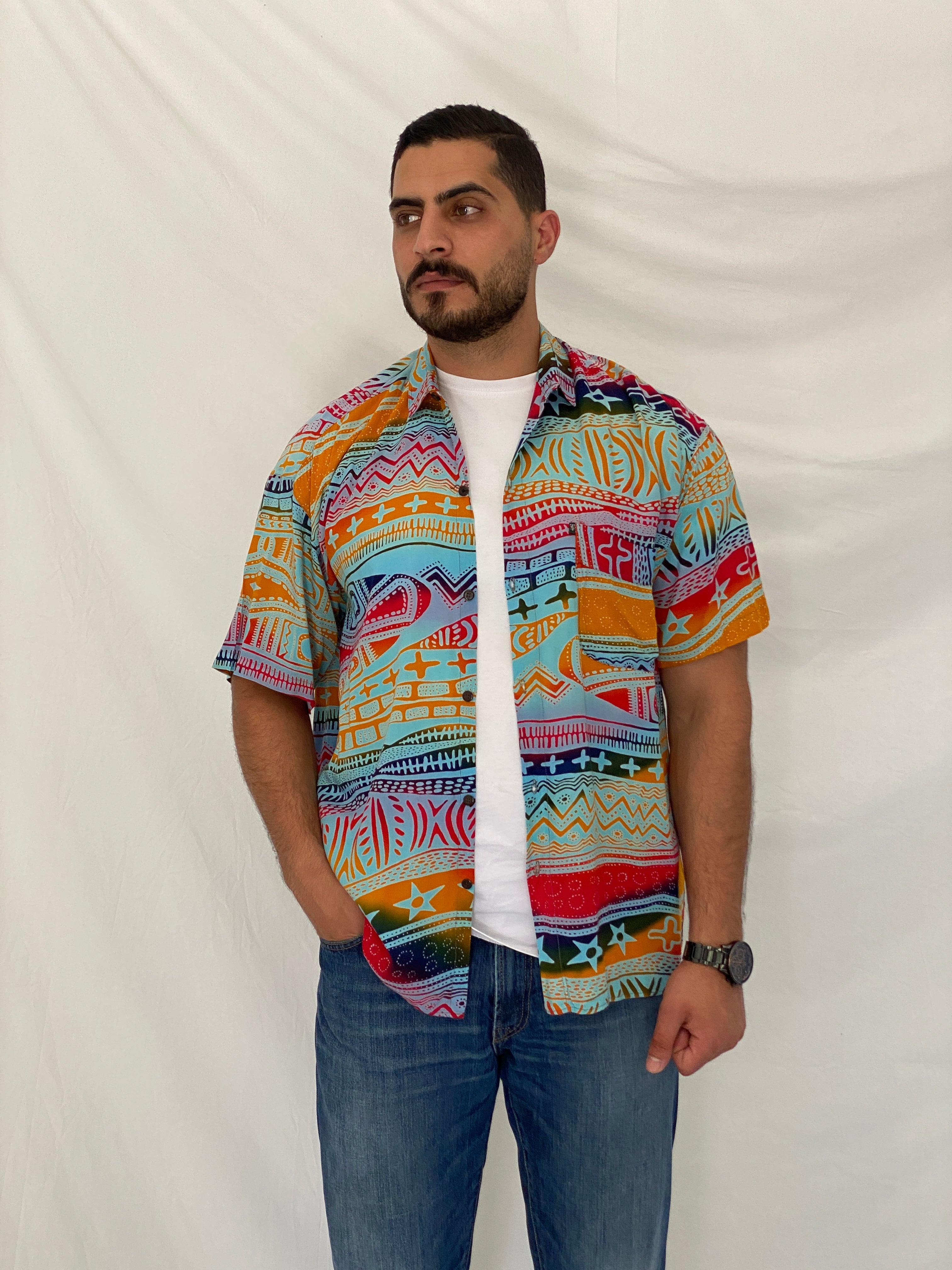 Vintage Y2K Stiweelds Multicolor Tribal Print Short Sleeve Shirt – XL