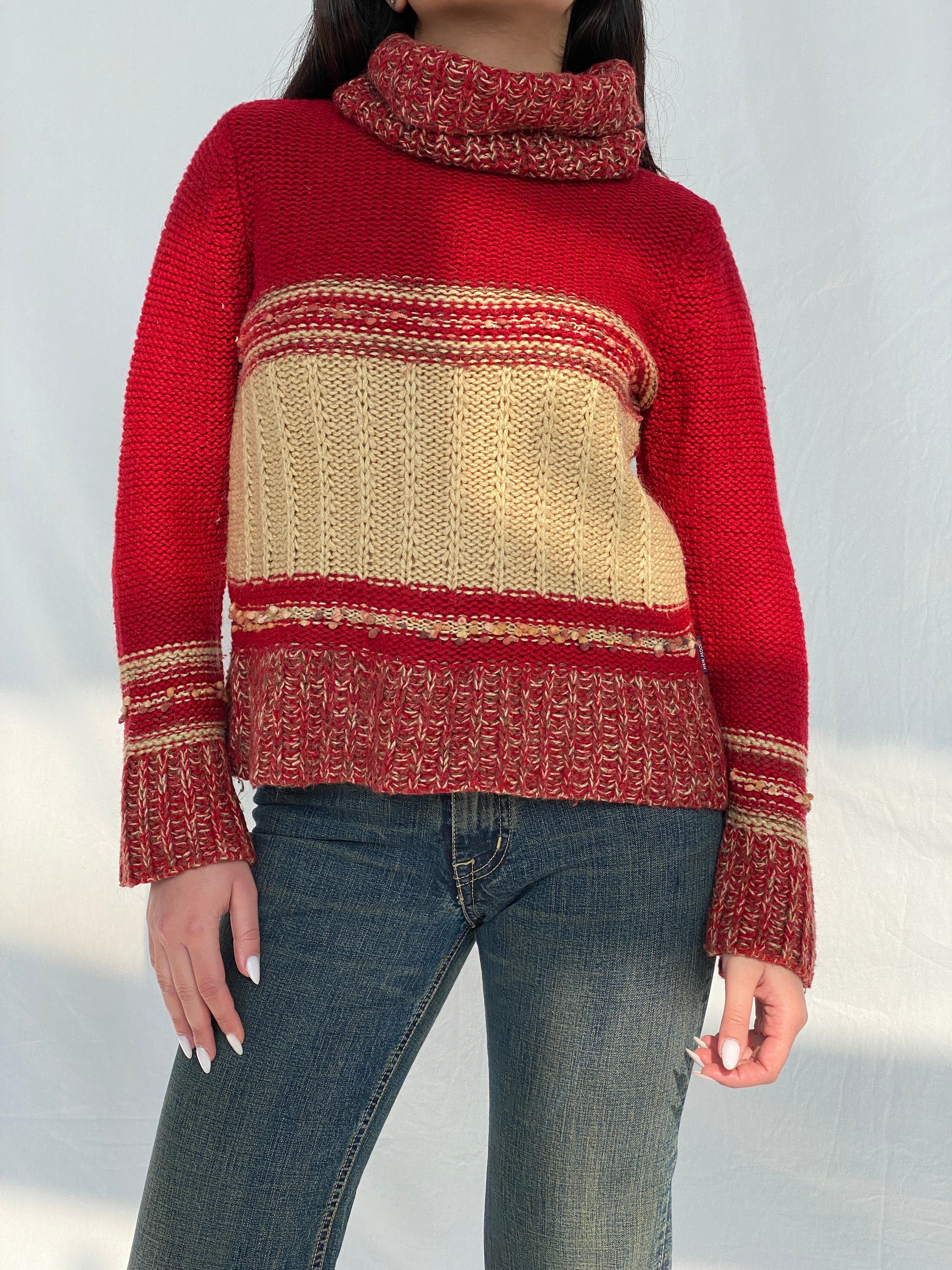 Vintage NEW MOON Wool & Mohair Blend Crew Neck Red & Beige Knitted Sweater - M