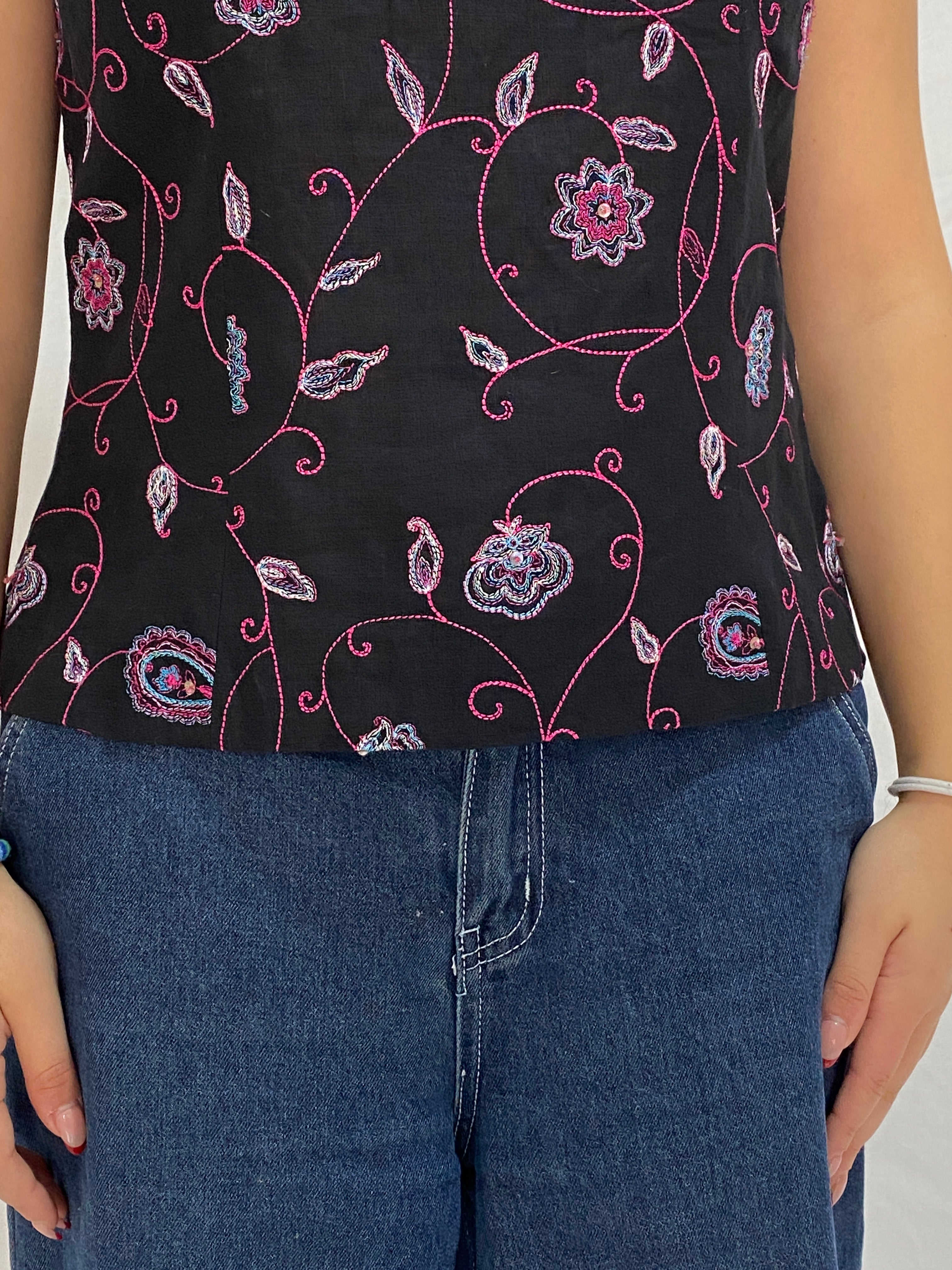 Vintage DUÉ per DUÉ Collection Black Embroidered Linen Sleeveless Top – M