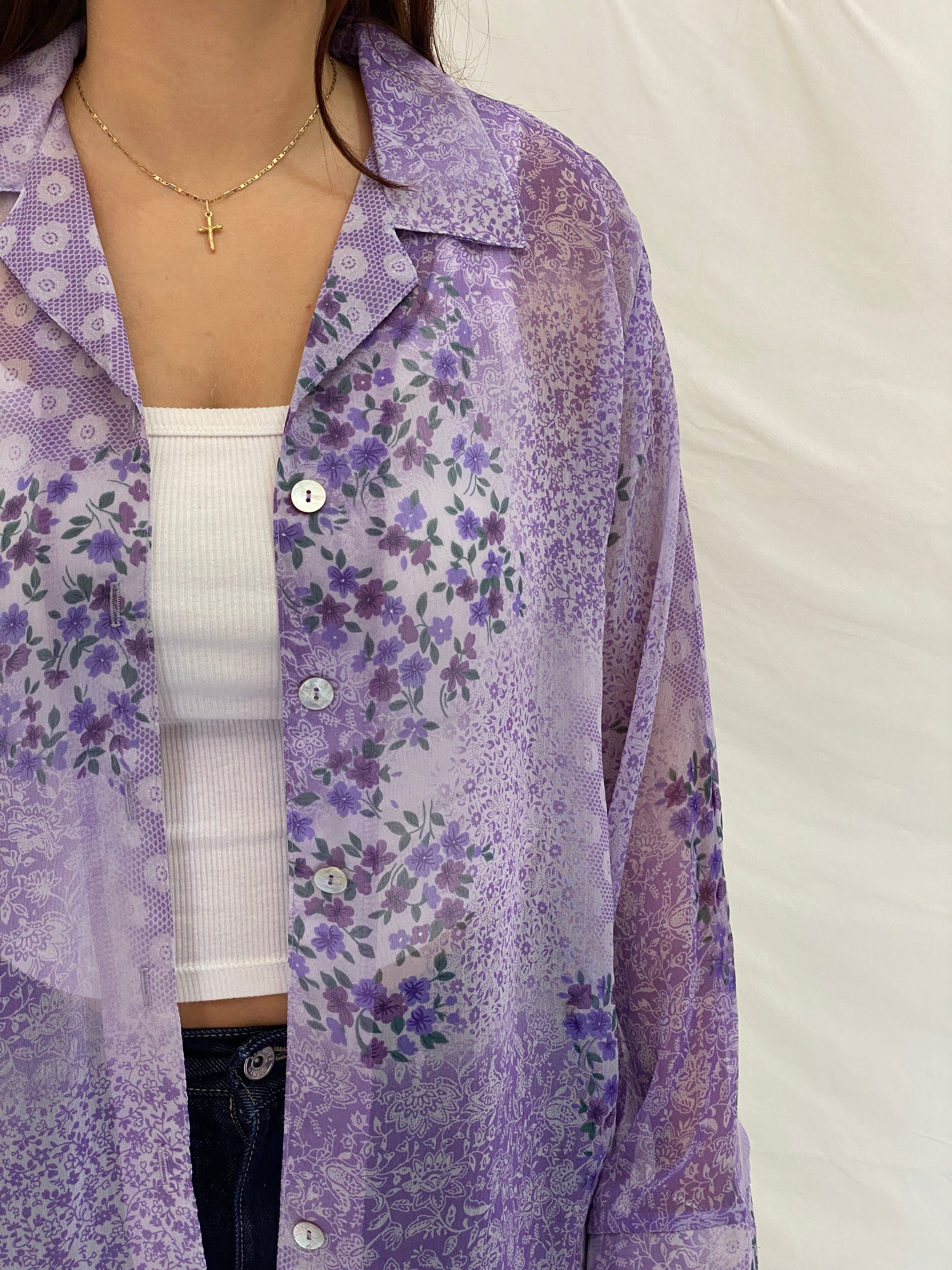Vintage 90s Lighthouse Point Purple Sheer Floral Button-Up Blouse - L