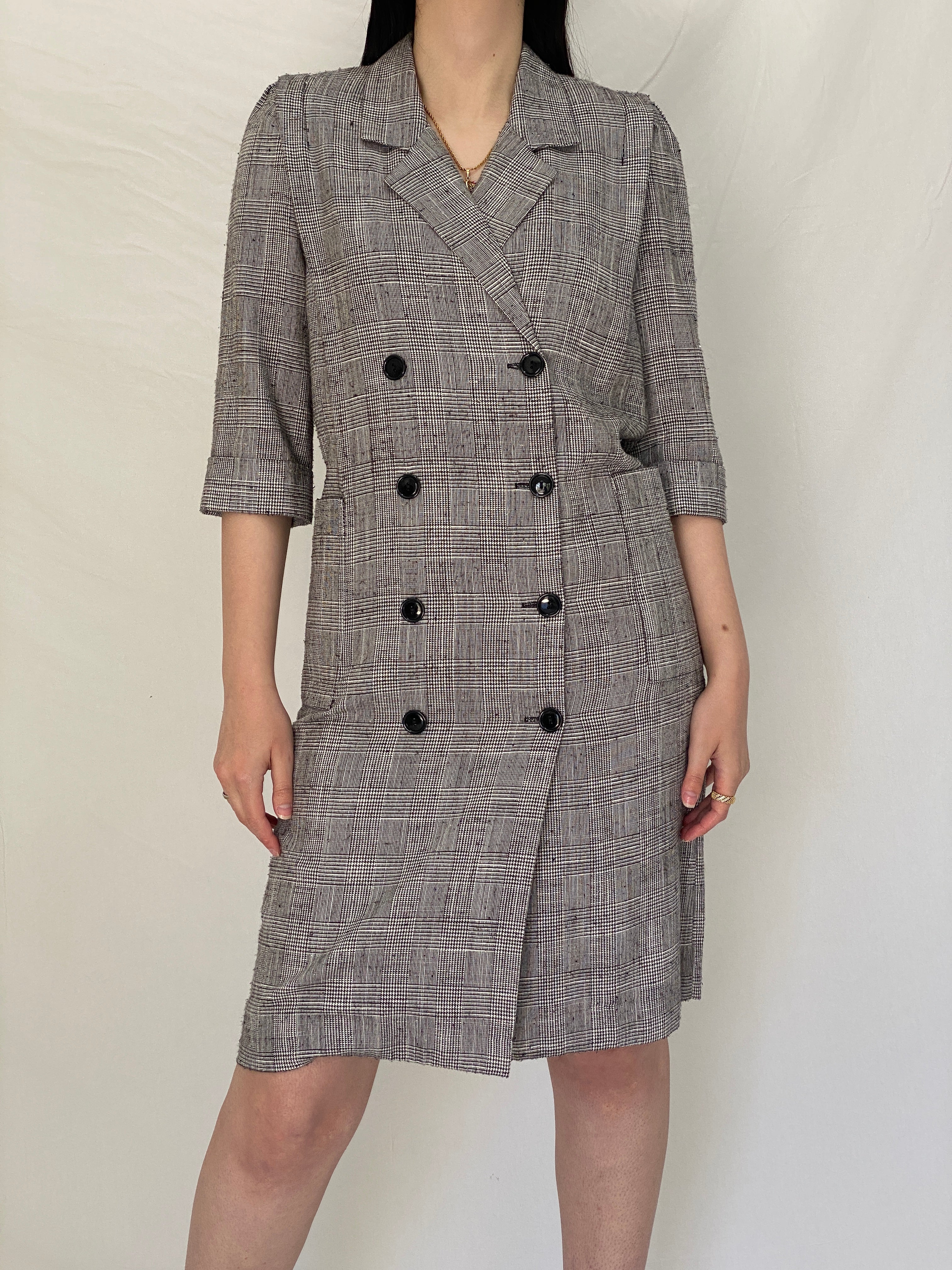 Vintage Leslie Fay Plaid Blazer Dress Tailored Double-Breasted Structured Office Dress - S