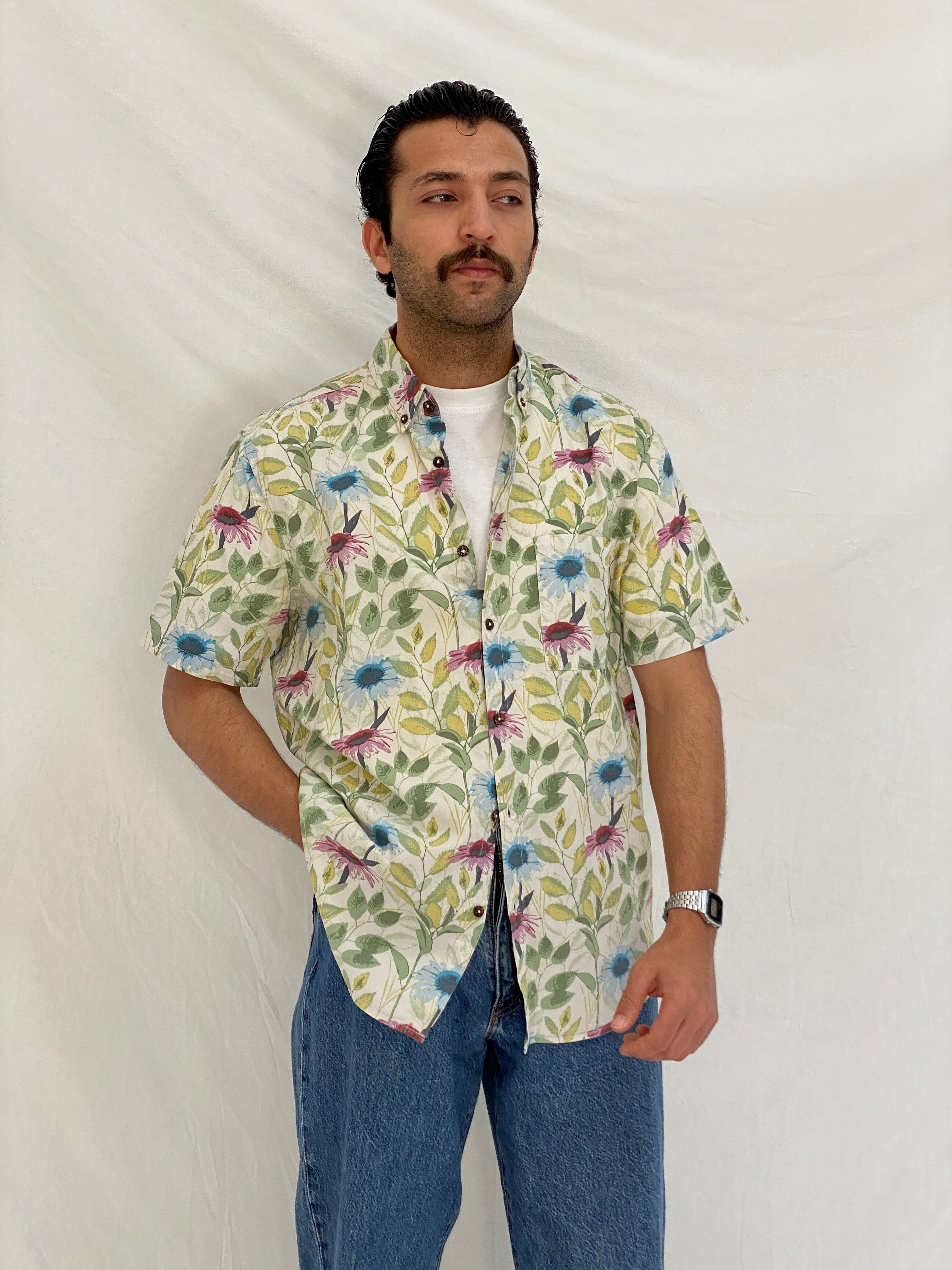 Vintage Burning Palma by Vailent Co Botanical Floral Button-Up Retro Vacation Shirt – L