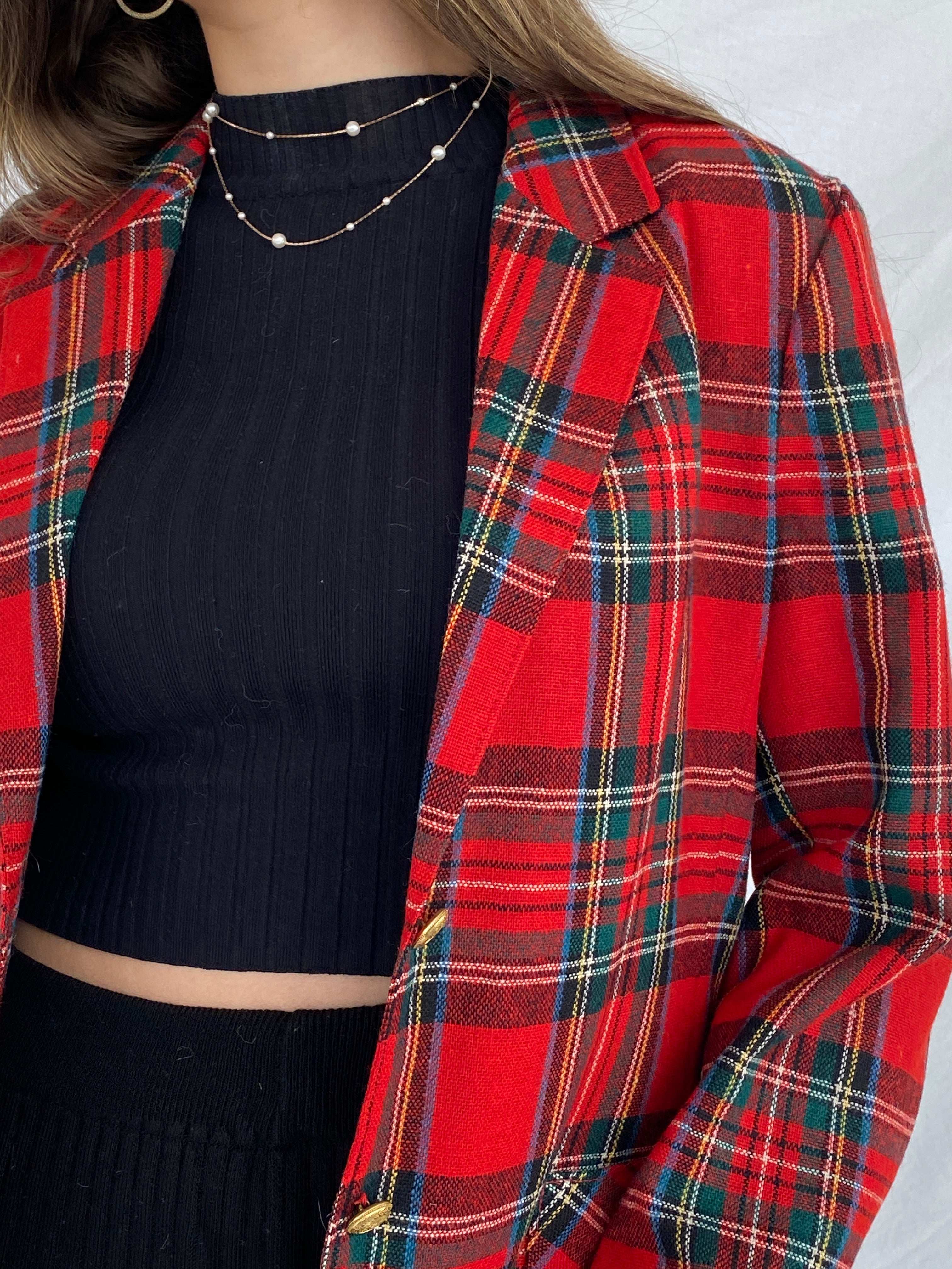 Vintage Red Plaid Blazer Black purchases Leather Jacket Designer I. Magnin size M EUC