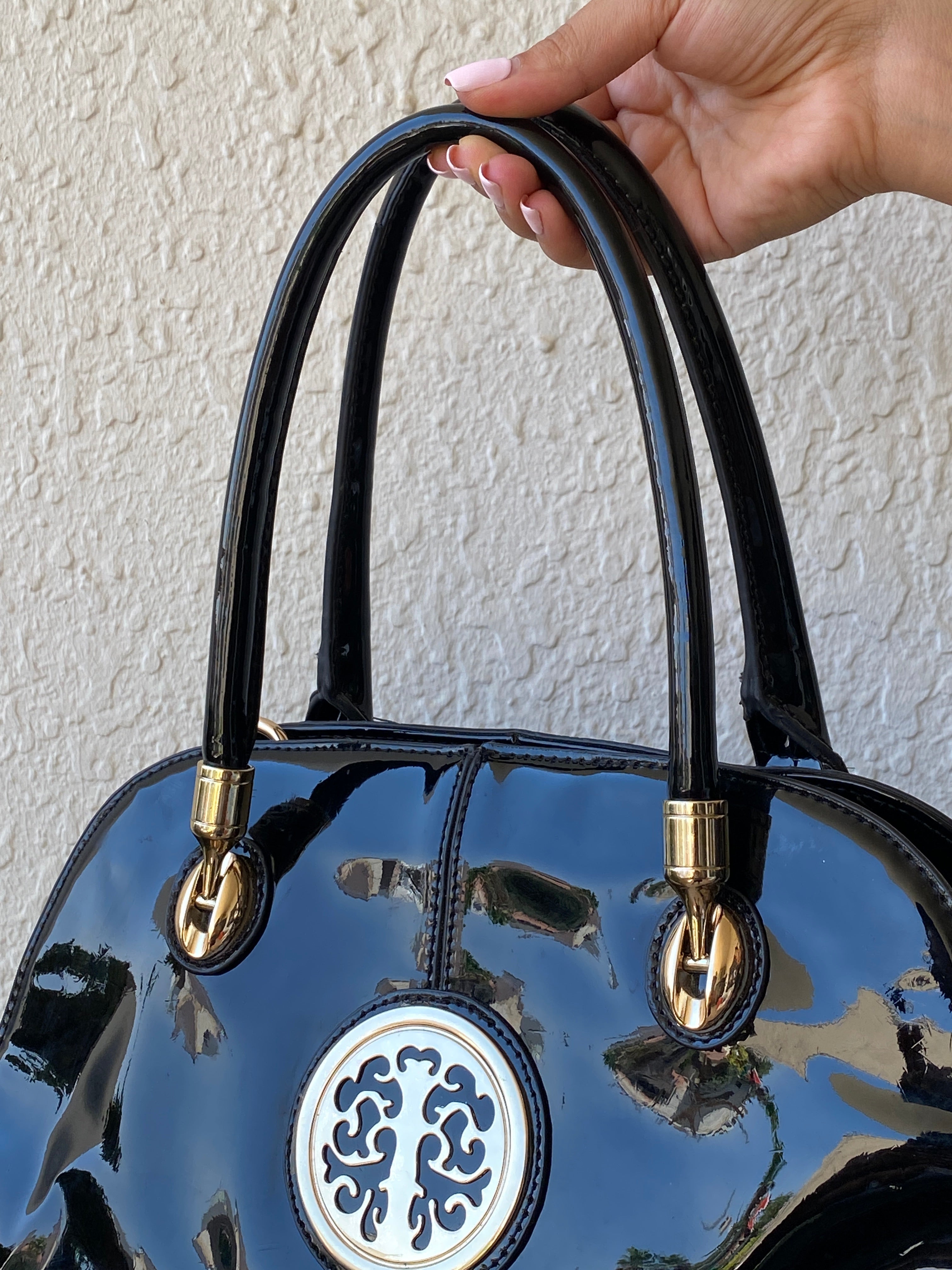 Y2K Black Patent Faux Leather Structured Shoulder Bag