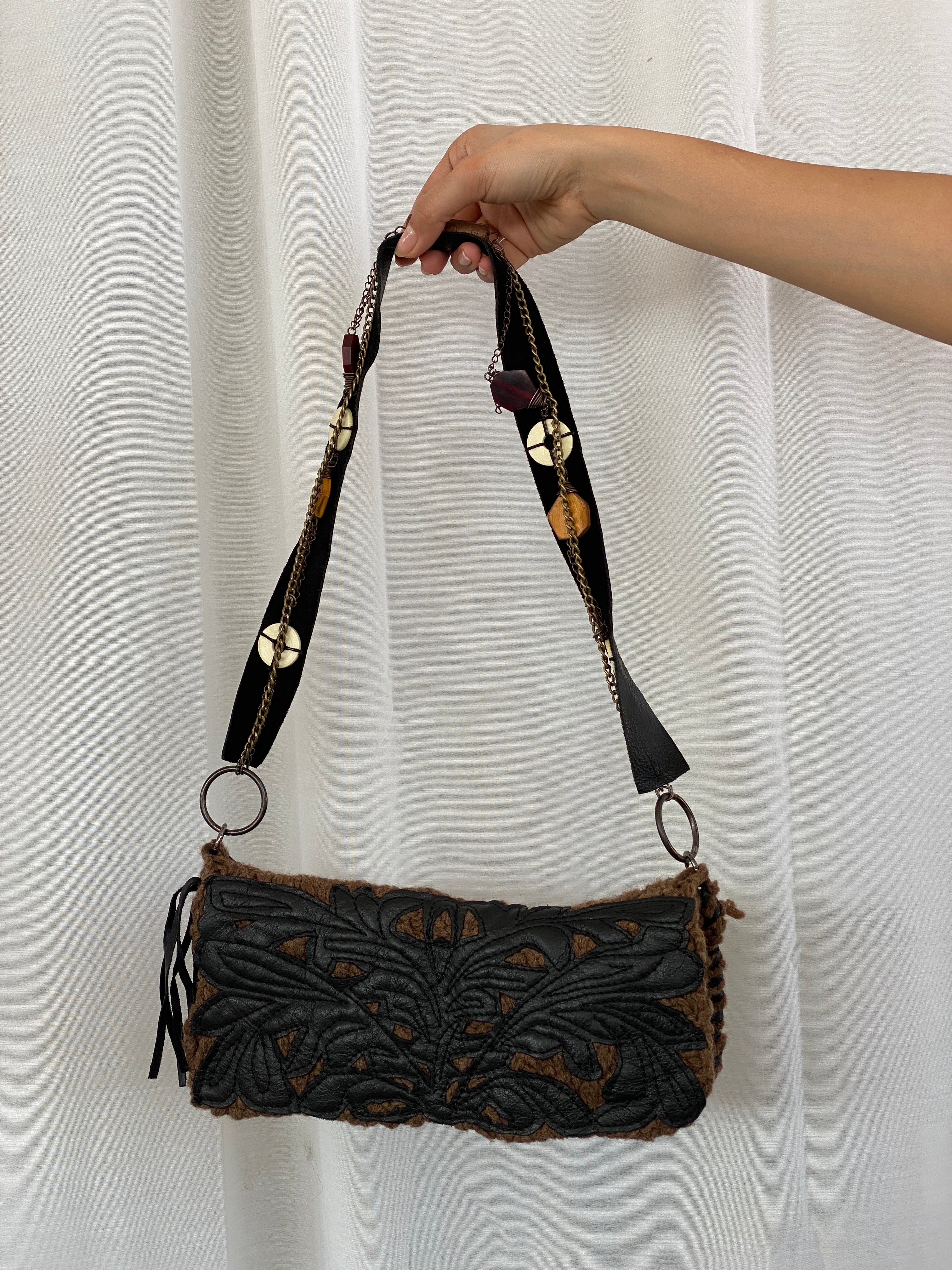 Y2K Chine Belgian Design Brown Crochet and Leather Shoulder Bag