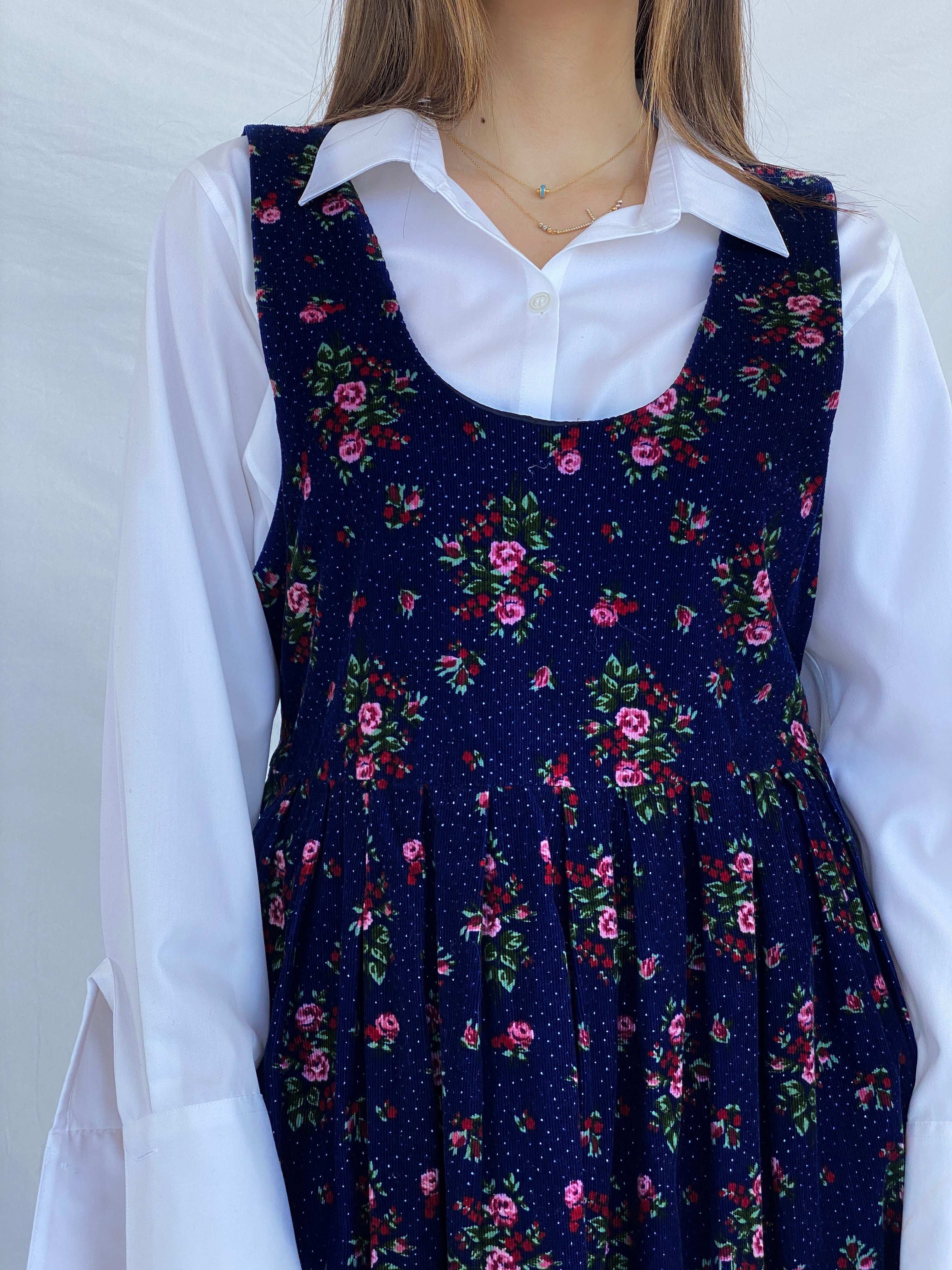 Vintage Pomponi Floral Navy Corduroy Dress Size L - Balagan Vintage Mini Dress 90s, corduroy, dress, floral, floral dress, floral print, Juana, maxi dress, NEW IN