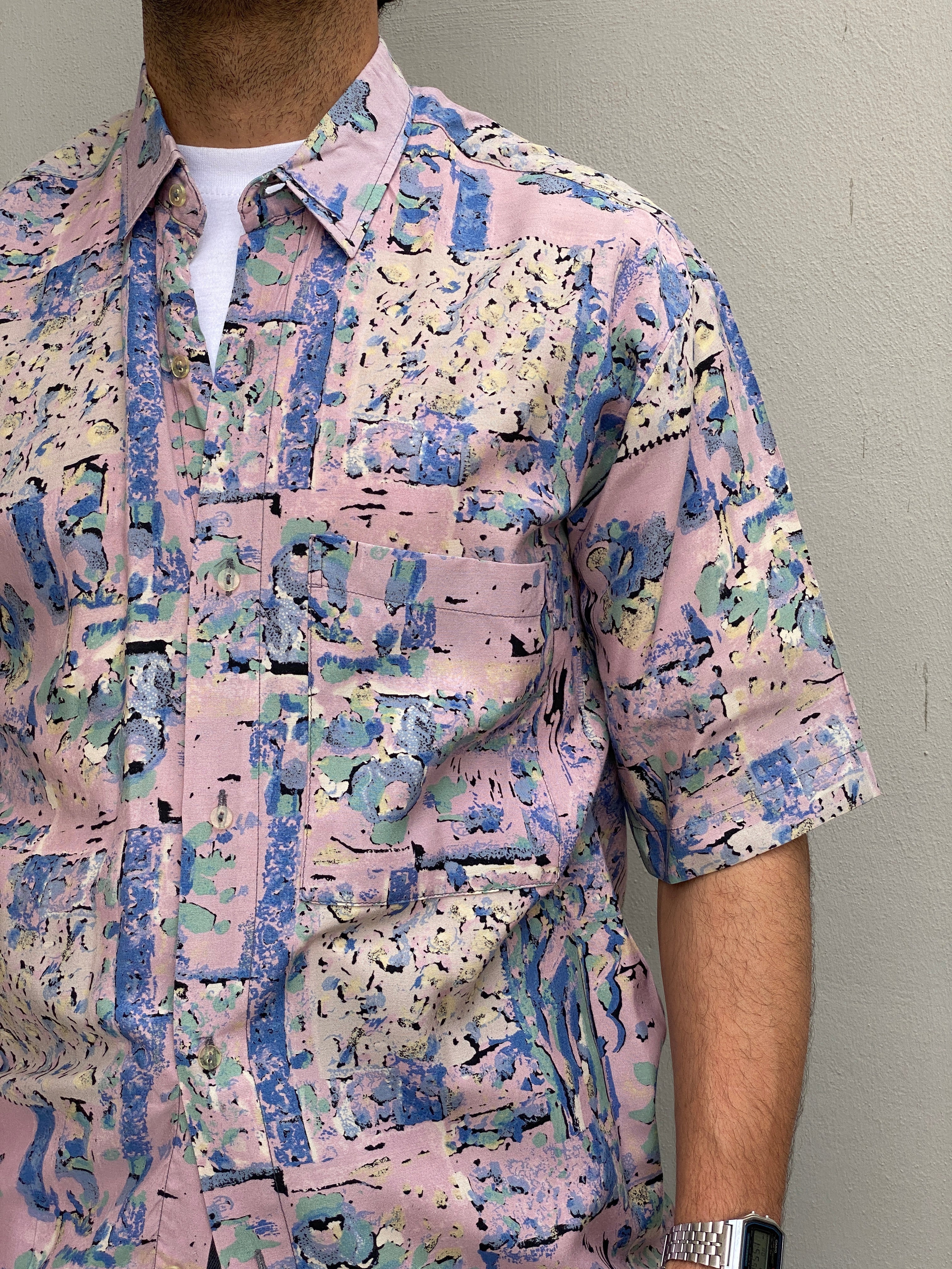 Vintage 90s Microfil Abstract Pastel Print Button-Up Shirt - M