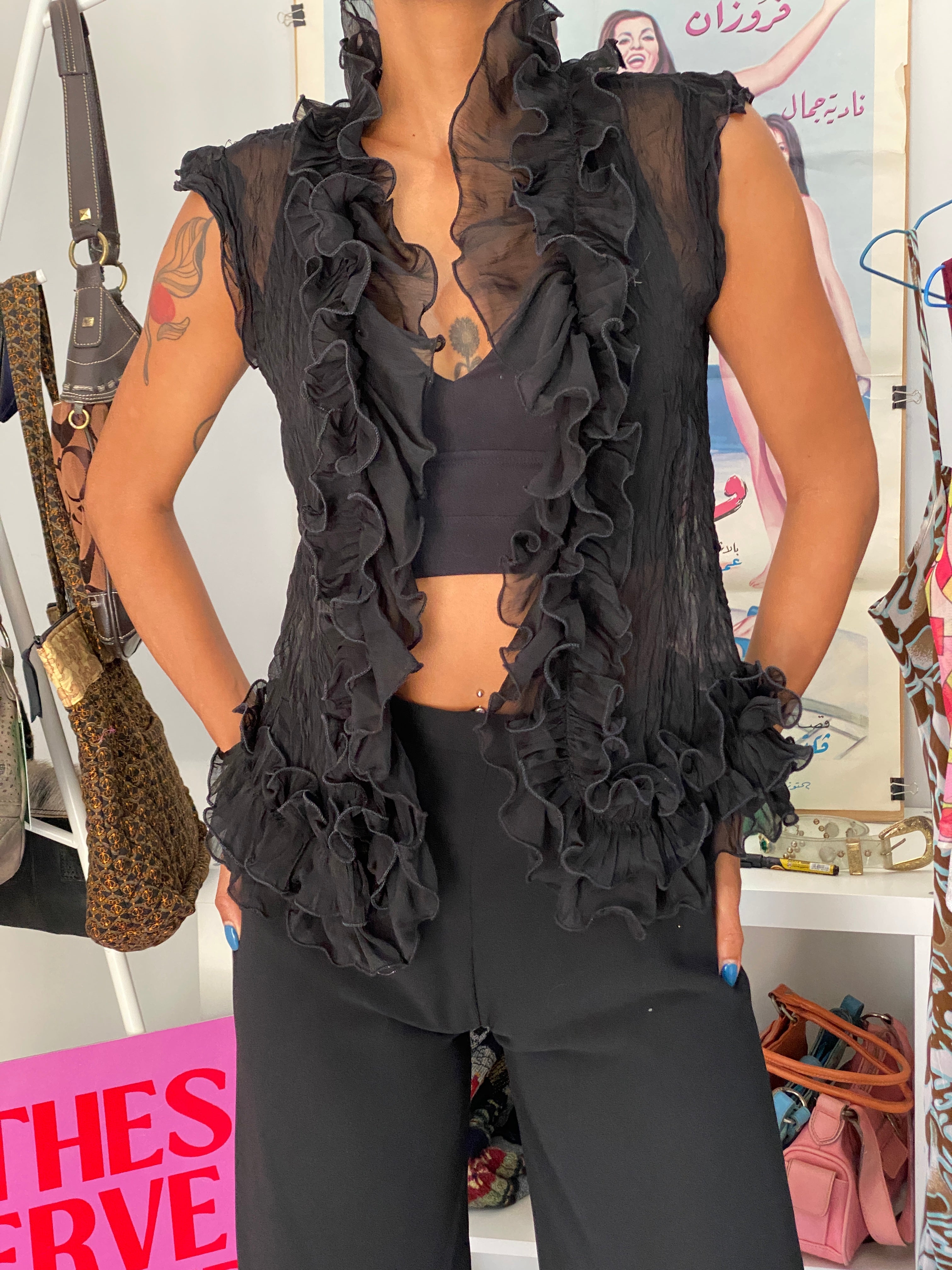 Y2K Emilie Black Sheer Sleeveless Ruffle Cardigan Chiffon Overlay – S