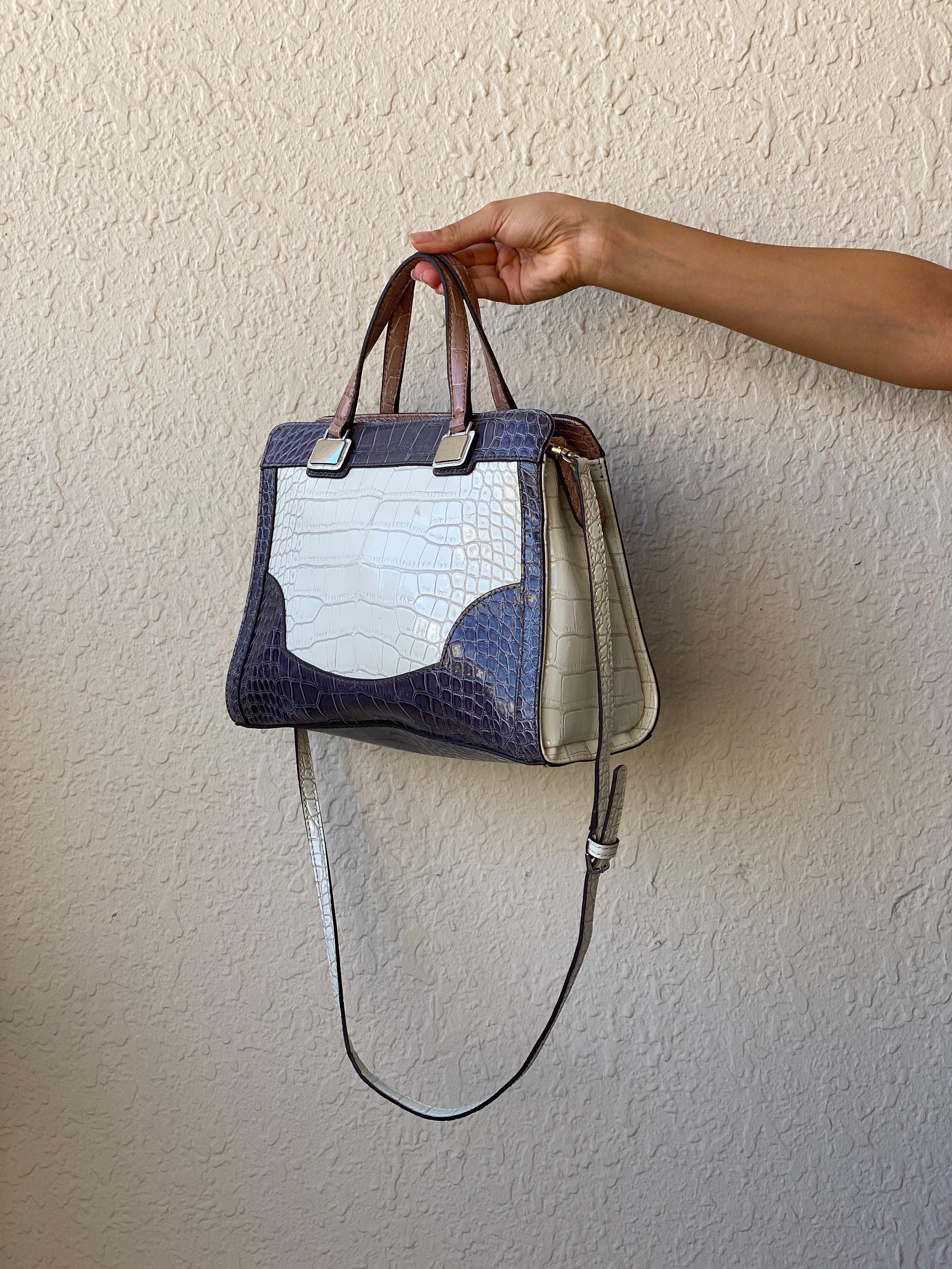 GUESS Croc-Embossed Tri-Color Satchel Handbag with Crossbody Strap