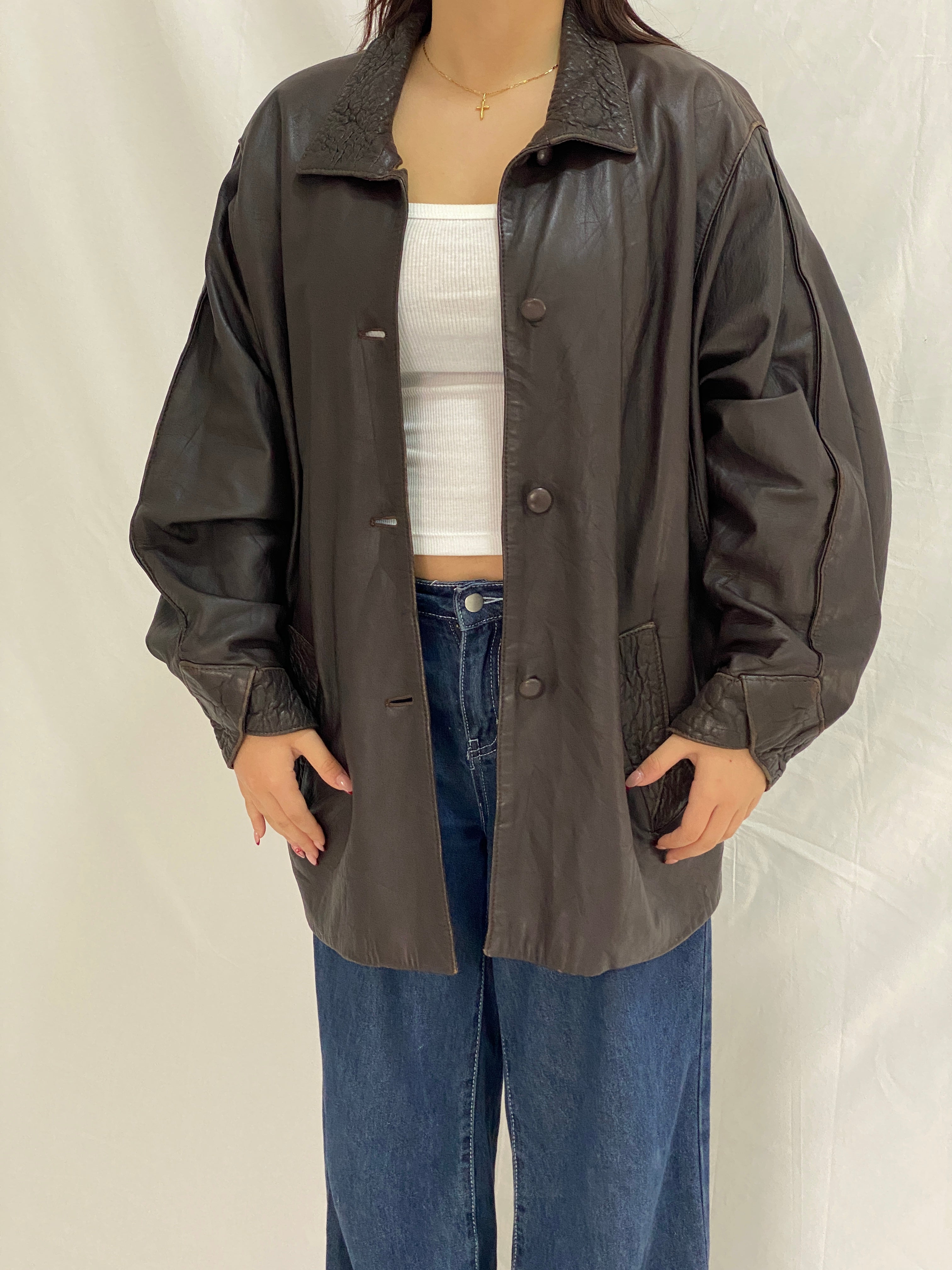 Vintage Brown Leather Coated Oversized Jacket with Textured Collar & Cuff Details - L