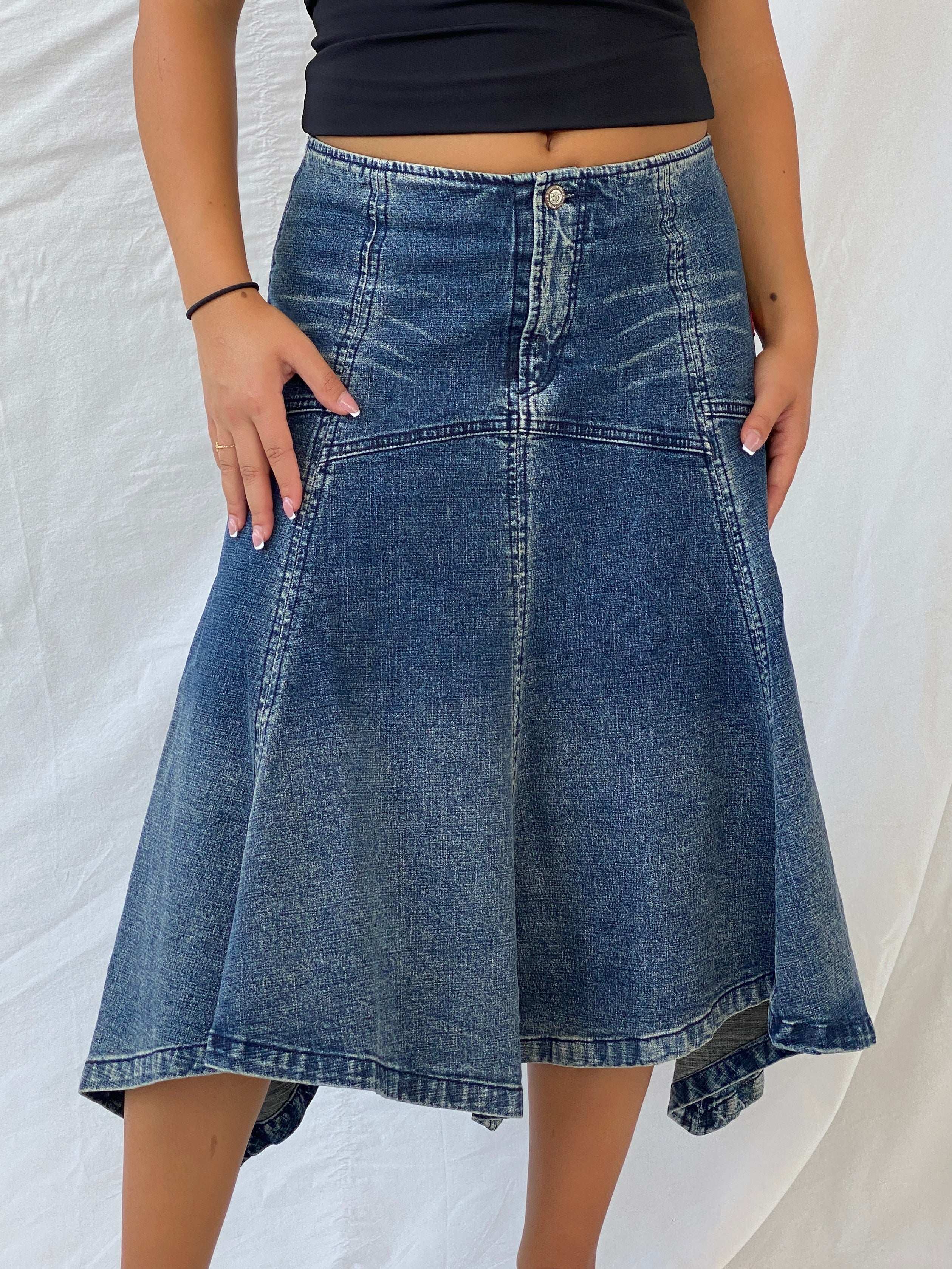 Vintage Y2K New London Midi Denim Asymmetric Hem Skirt - L