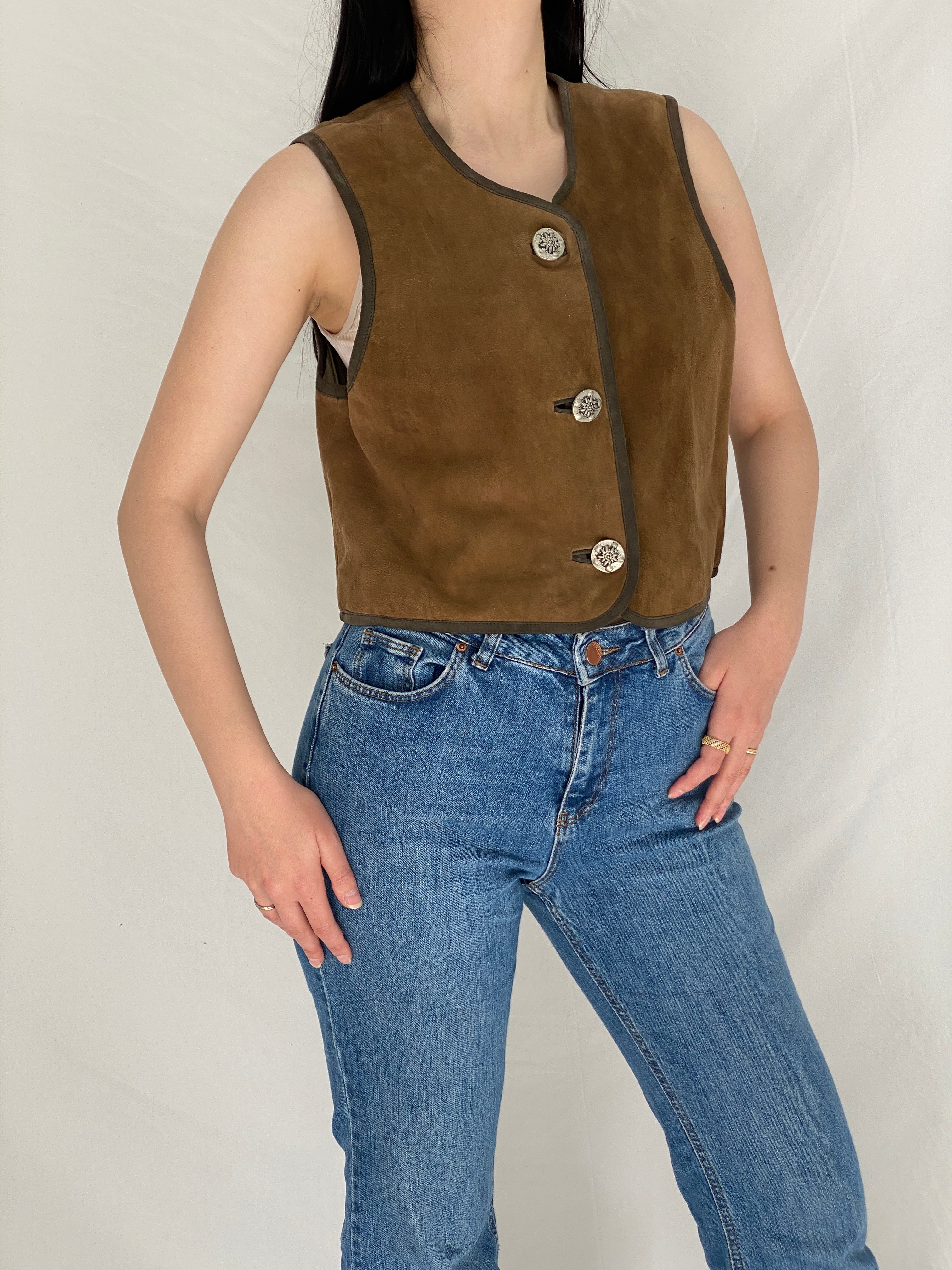 Vintage 90s H.Mosa German Trachten Brown Suede Leather Folk Vest - M