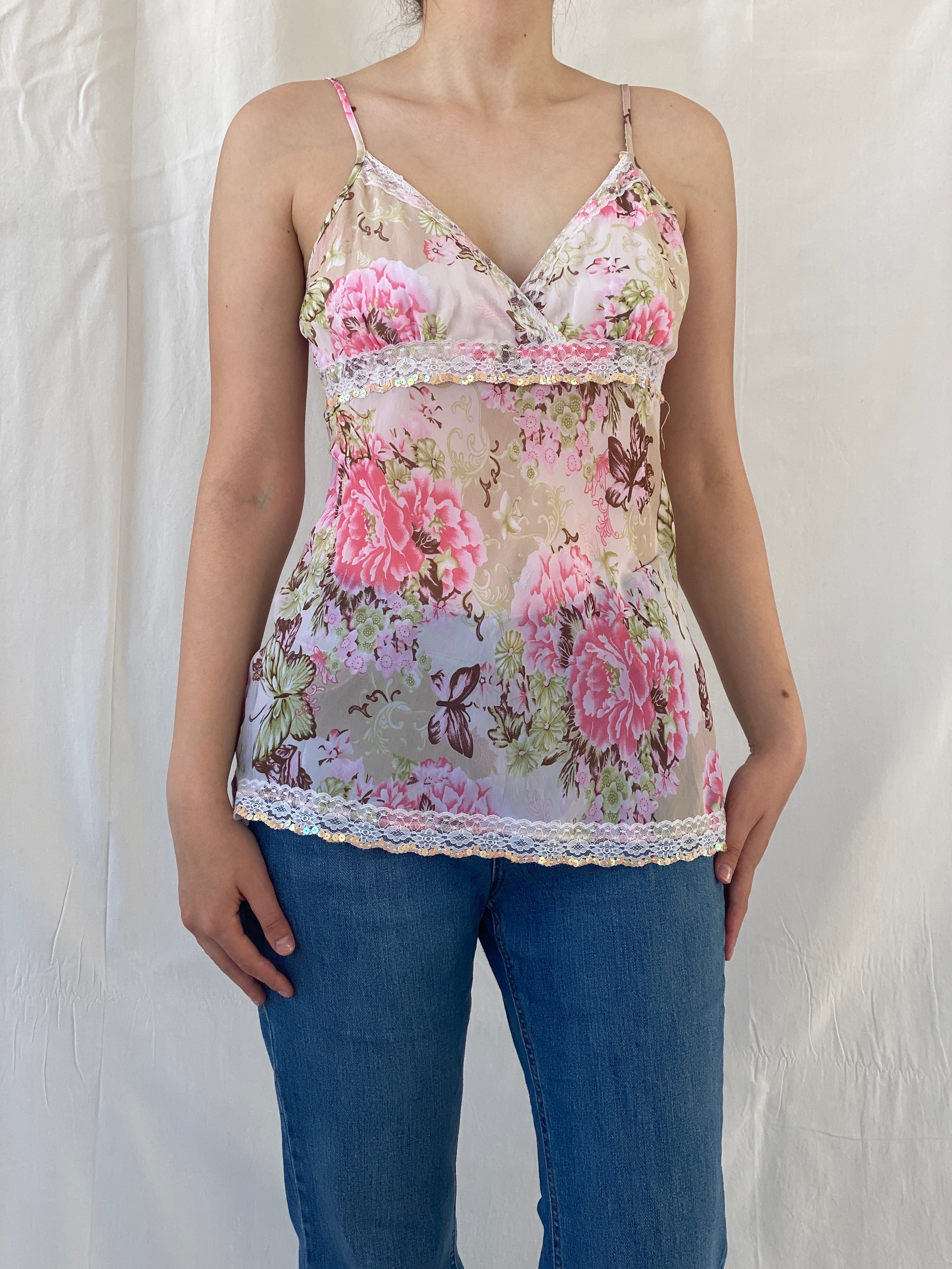 Y2K Amisu Floral Sequined Cami Top With Lace Detailing - M
