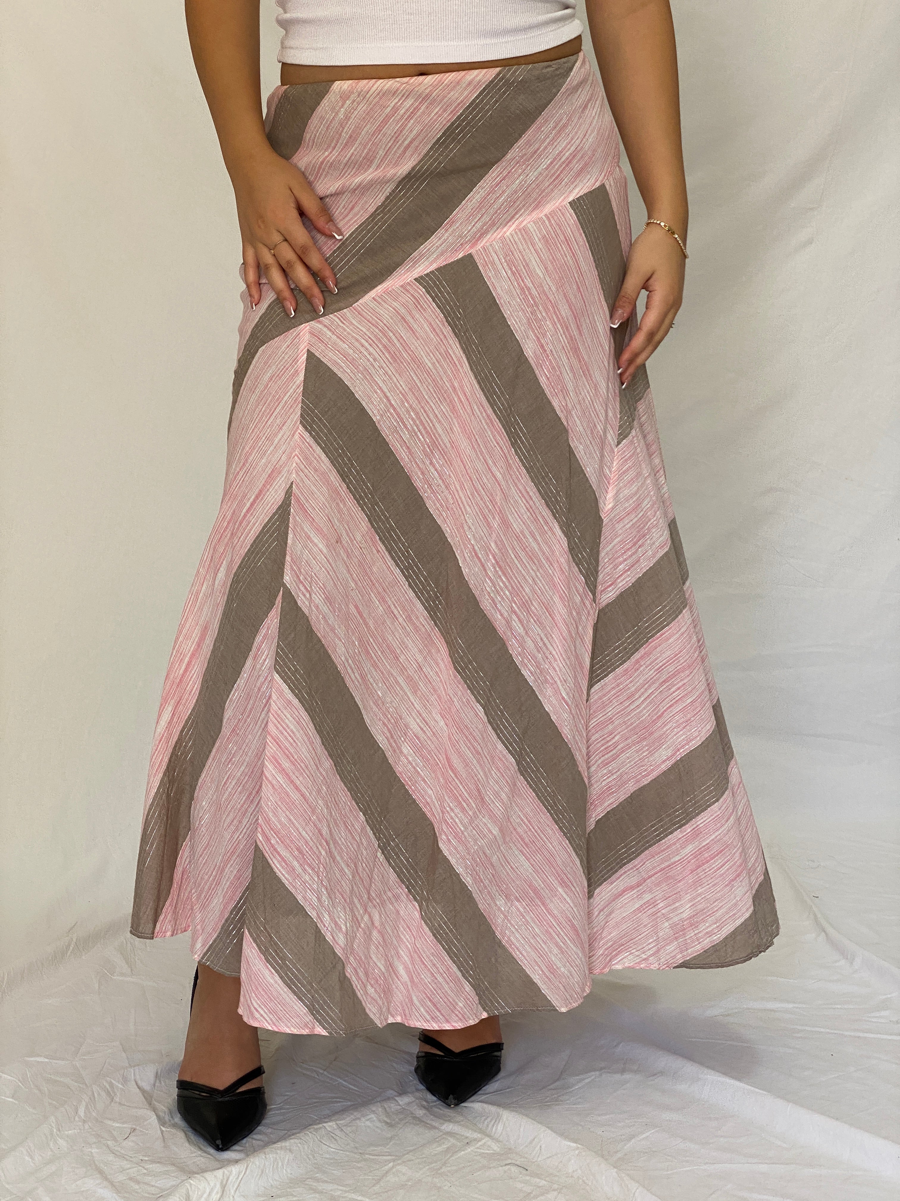 Vintage Y2K Woolworths Woman Pink & Taupe Linen Blend Chevron Maxi Skirt - M