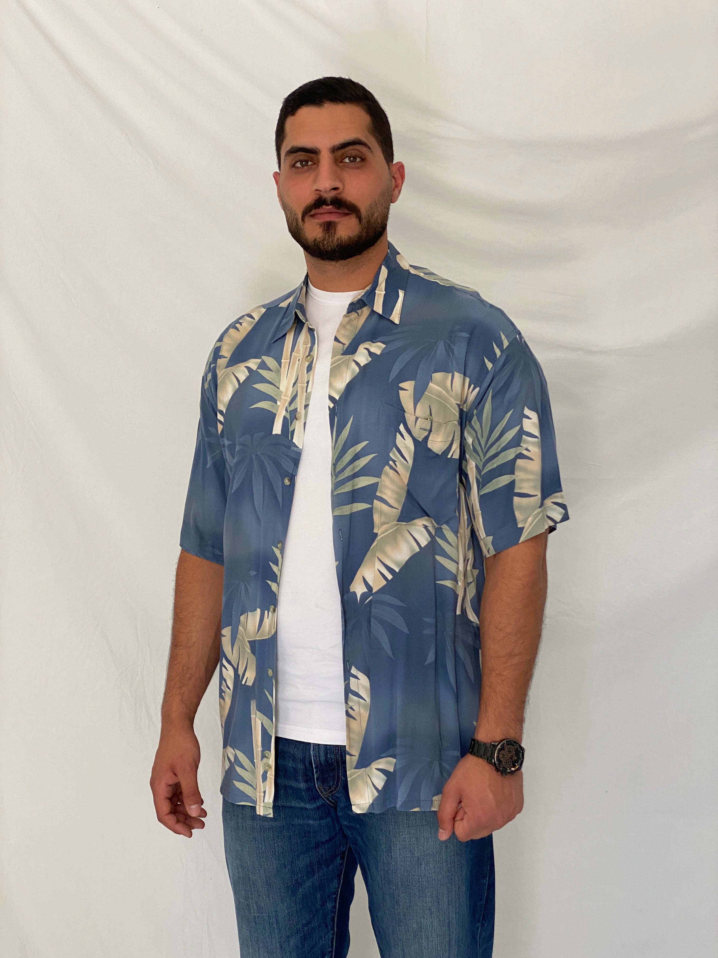 Vintage 90s Pierre Cardin Blue Tropical Rayon Hawaiian Shirt – L
