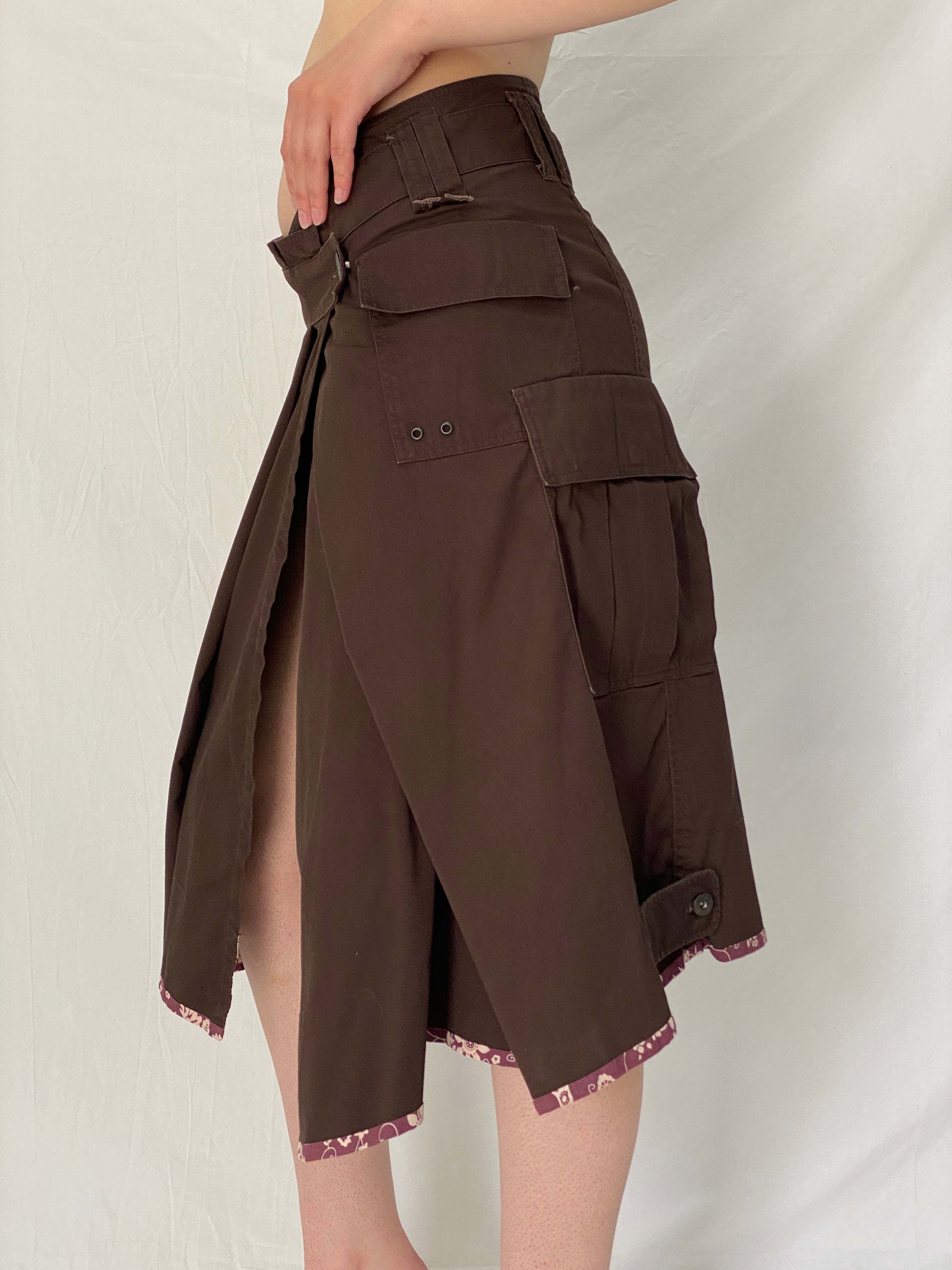 Vintage IKKS Brown Utility Wrap Asymmetric Cargo Midi Skirt – M