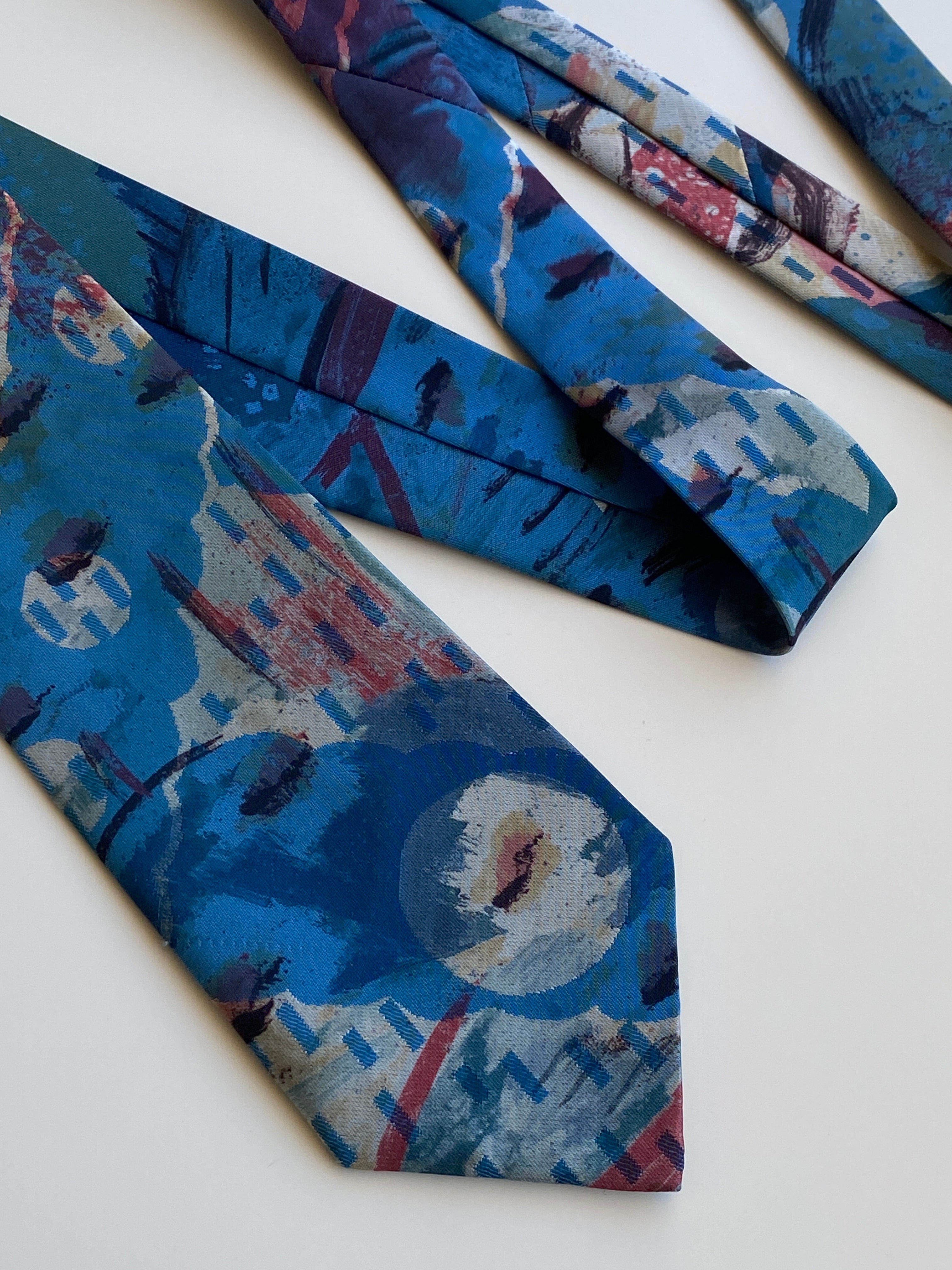 Vintage 1990s Blue Abstract Art Painterly Wide Necktie