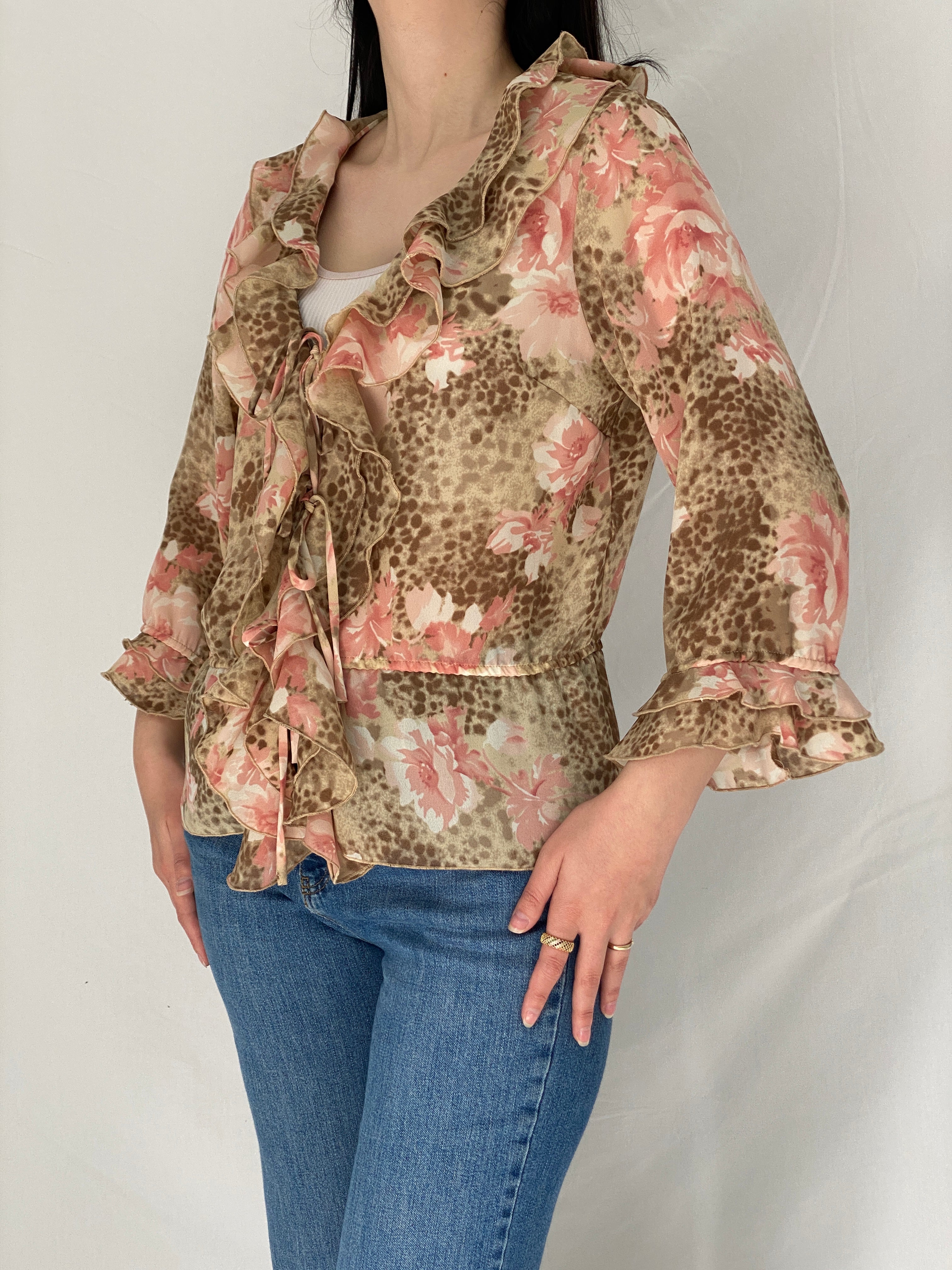 Vintage Y2K La Cara Mode Vögele Pink Brown Floral & Leopard Print Ruffle Front Tie Blouse - XL