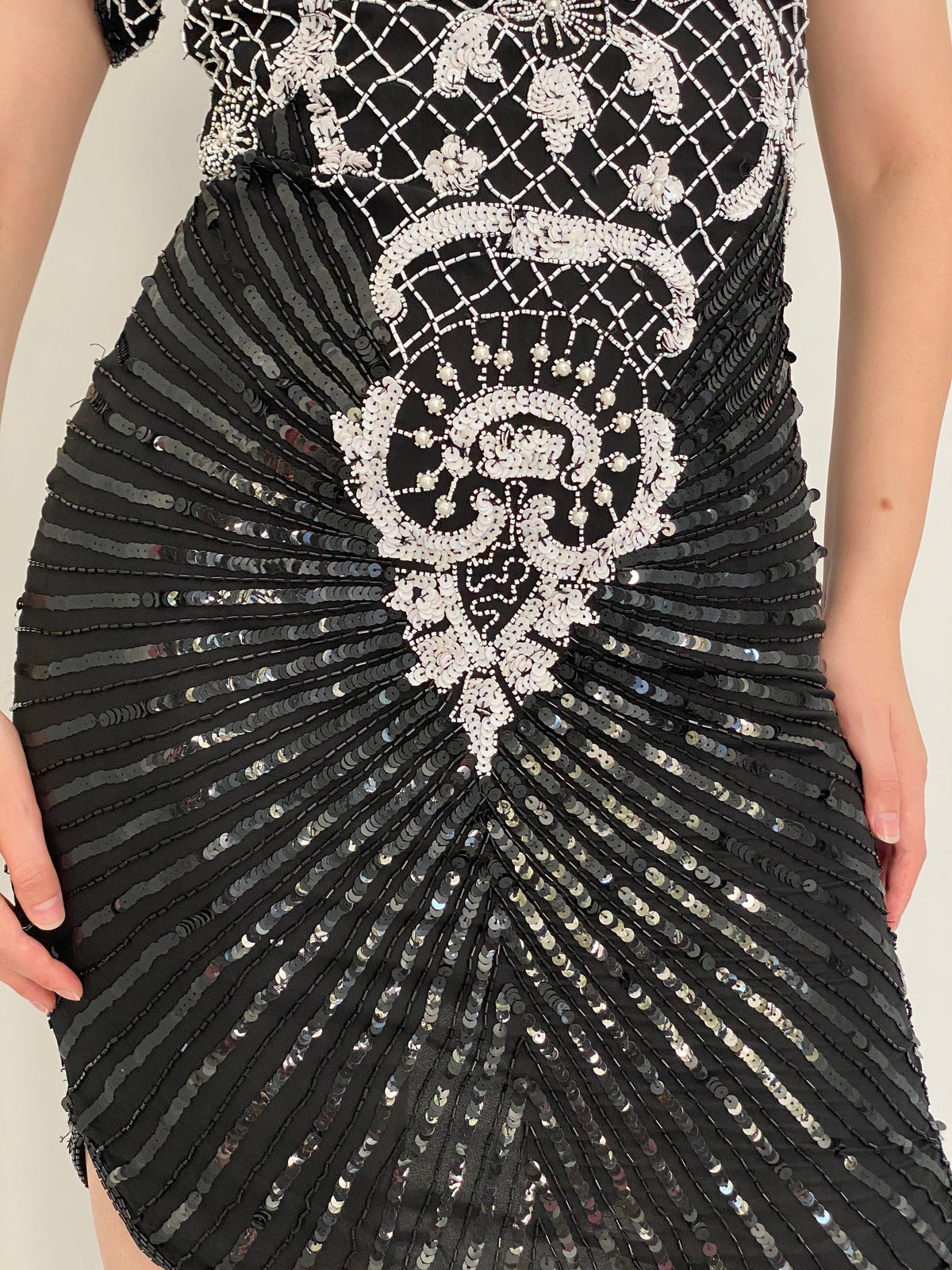 Vintage 80s Laurence Kazar Black & White Silk Beaded Sequin Cocktail Dress - M