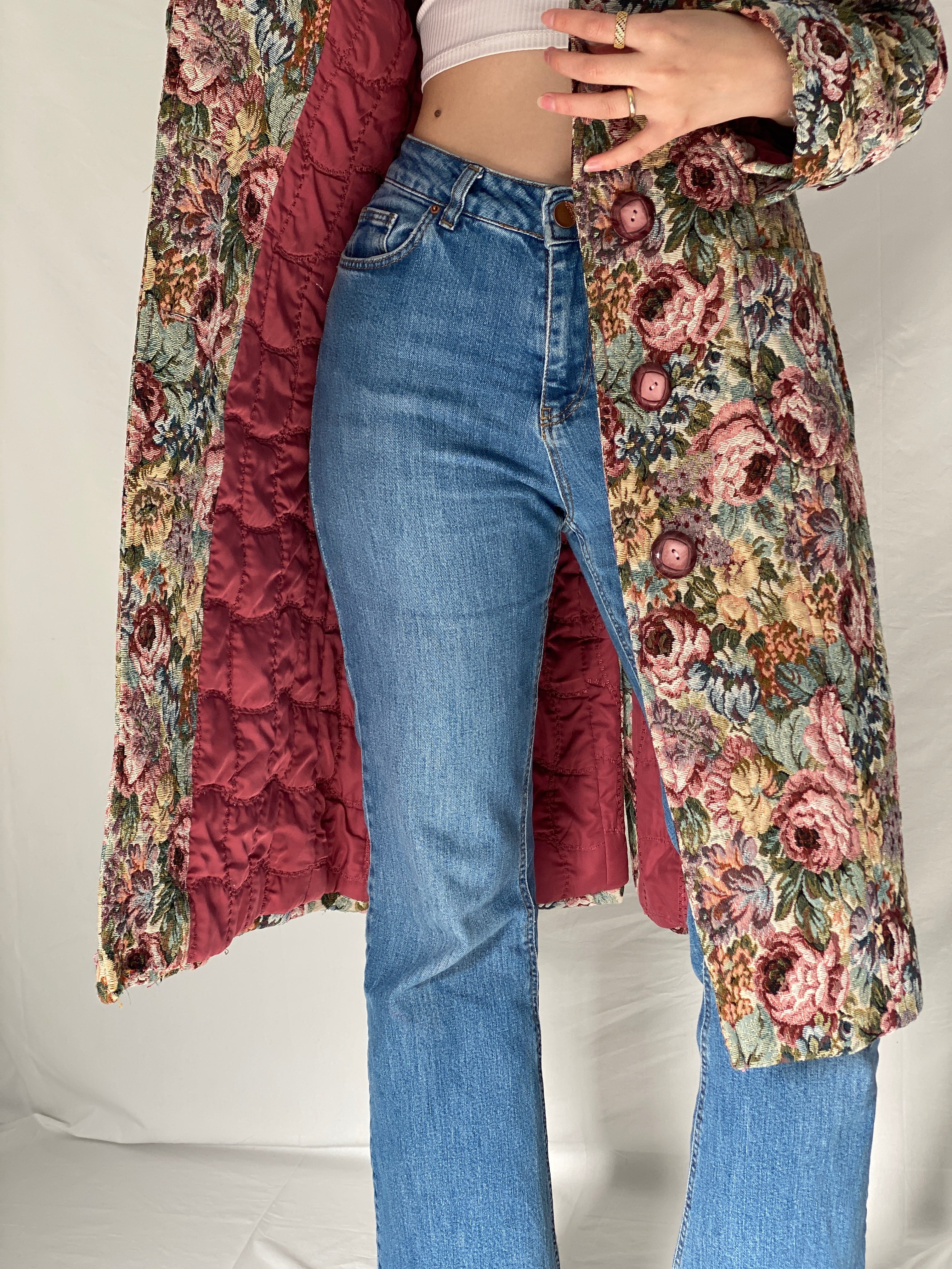 Vintage Statement Handmade Floral Tapestry Quilted Coat with Pink Faux Fur Collar - M