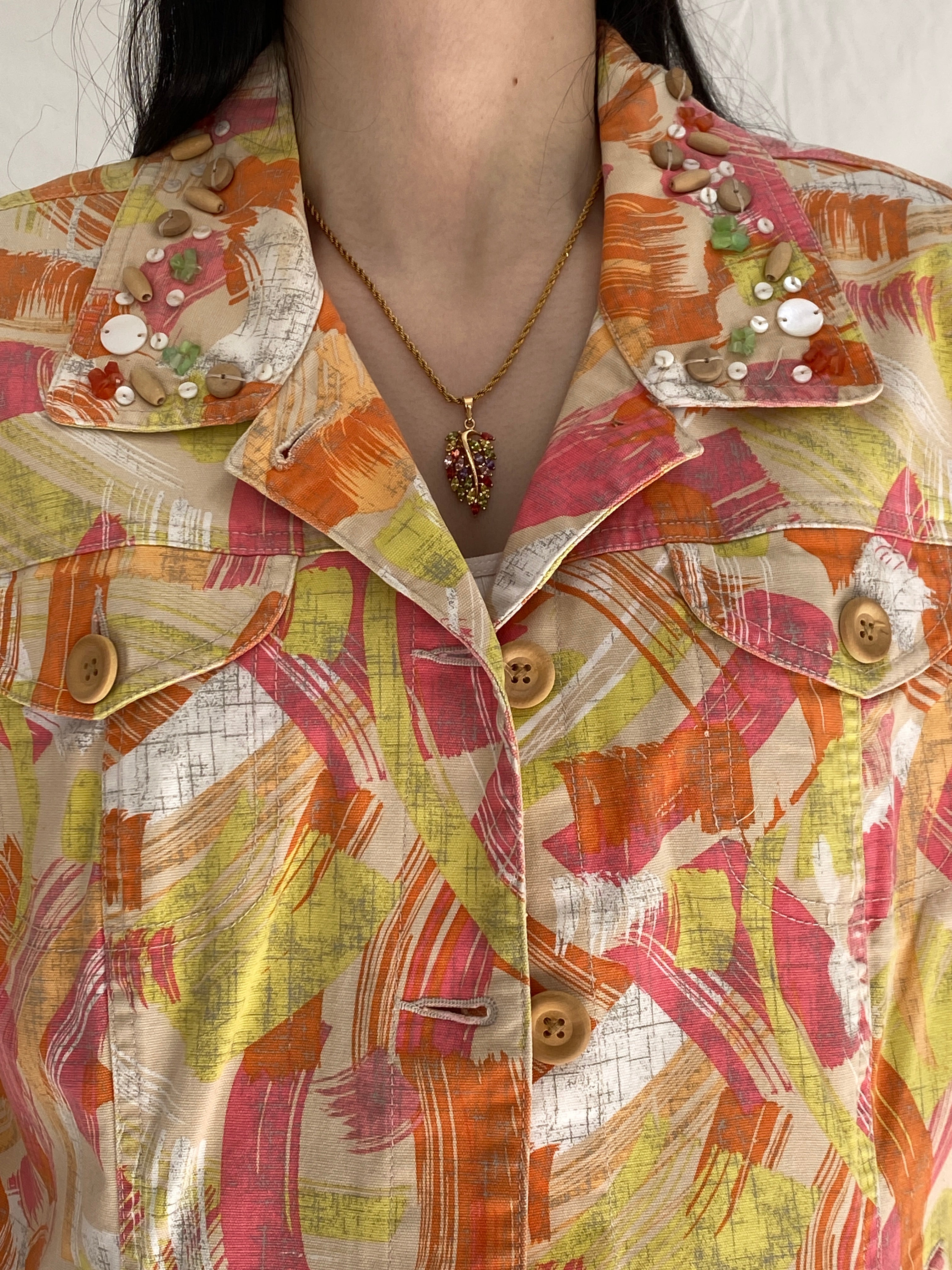 Vintage Ruby Rd Abstract Print Embellished Denim Jacket - L